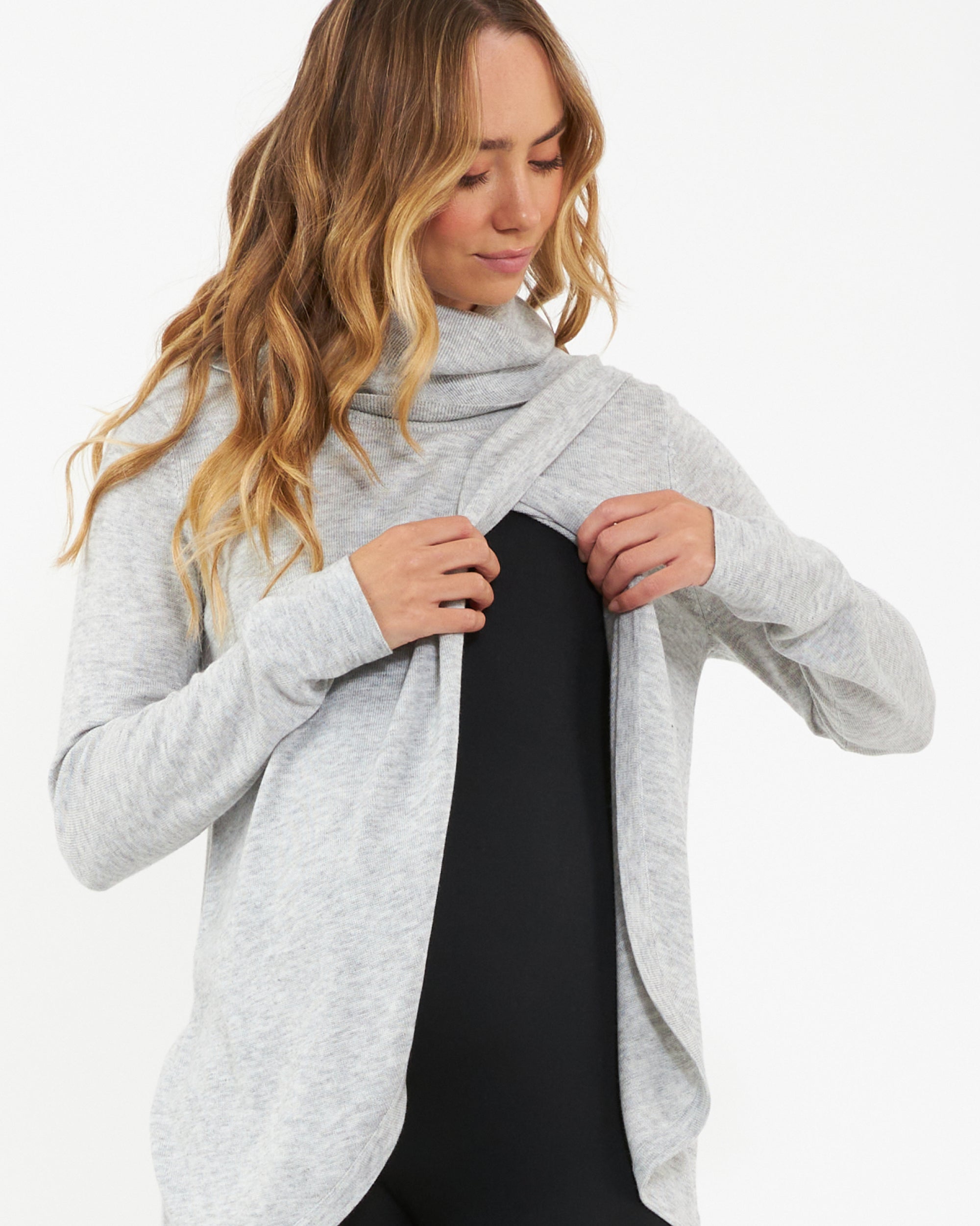 Cowl Neck Nursing Knit Silver Marle
