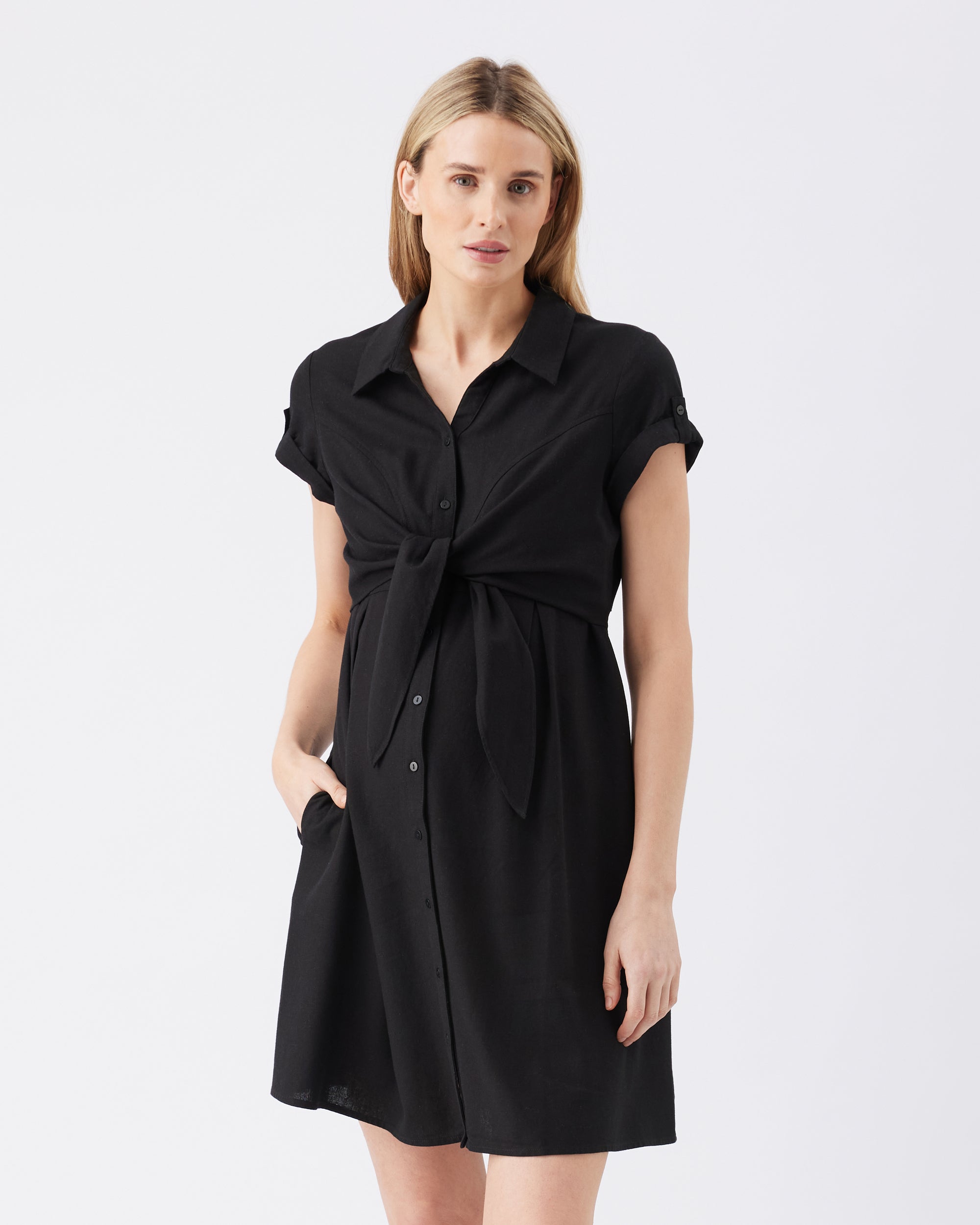 Colette Tie Up Linen Dress - Black