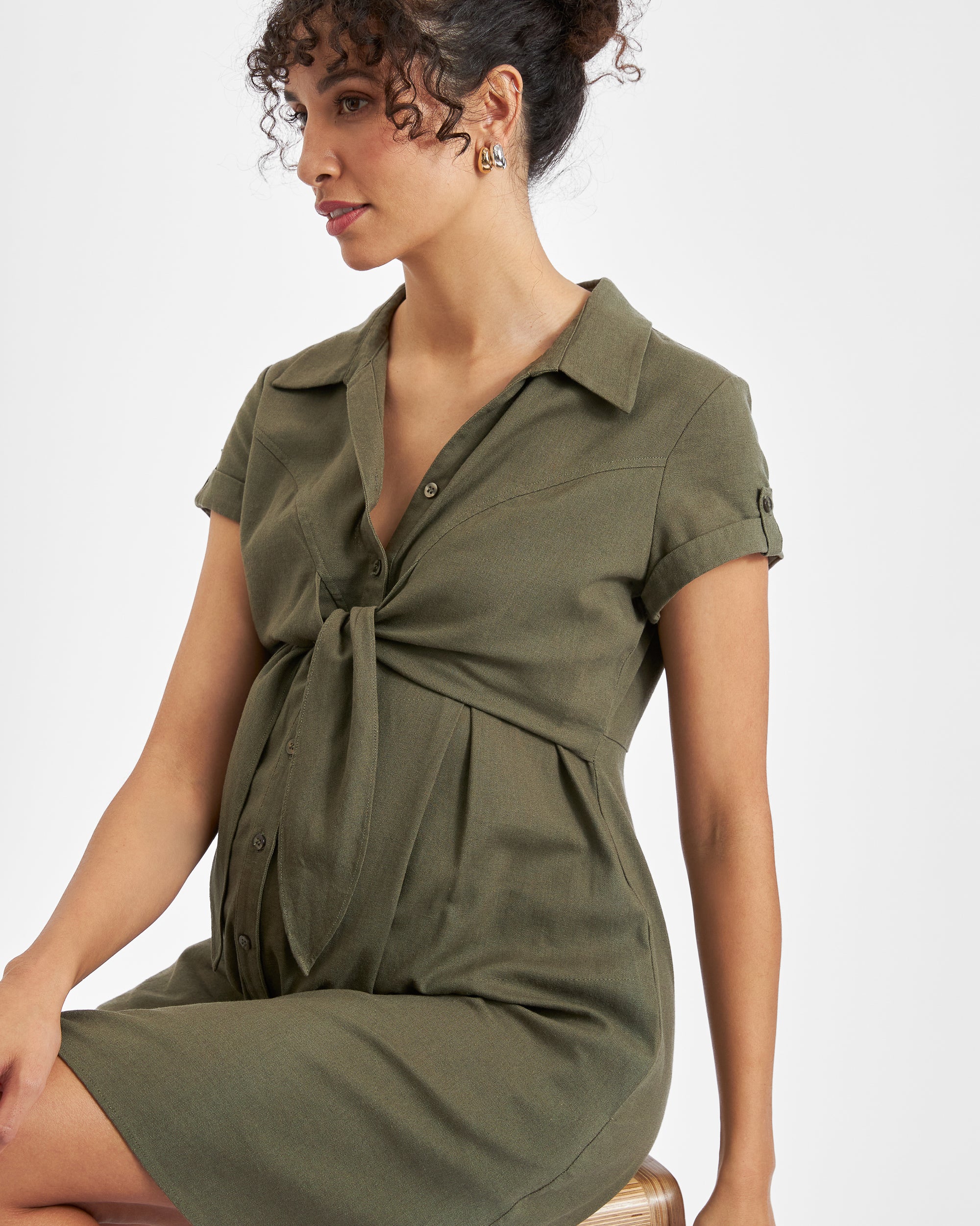 Colette Tie Up Linen Dress Olive
