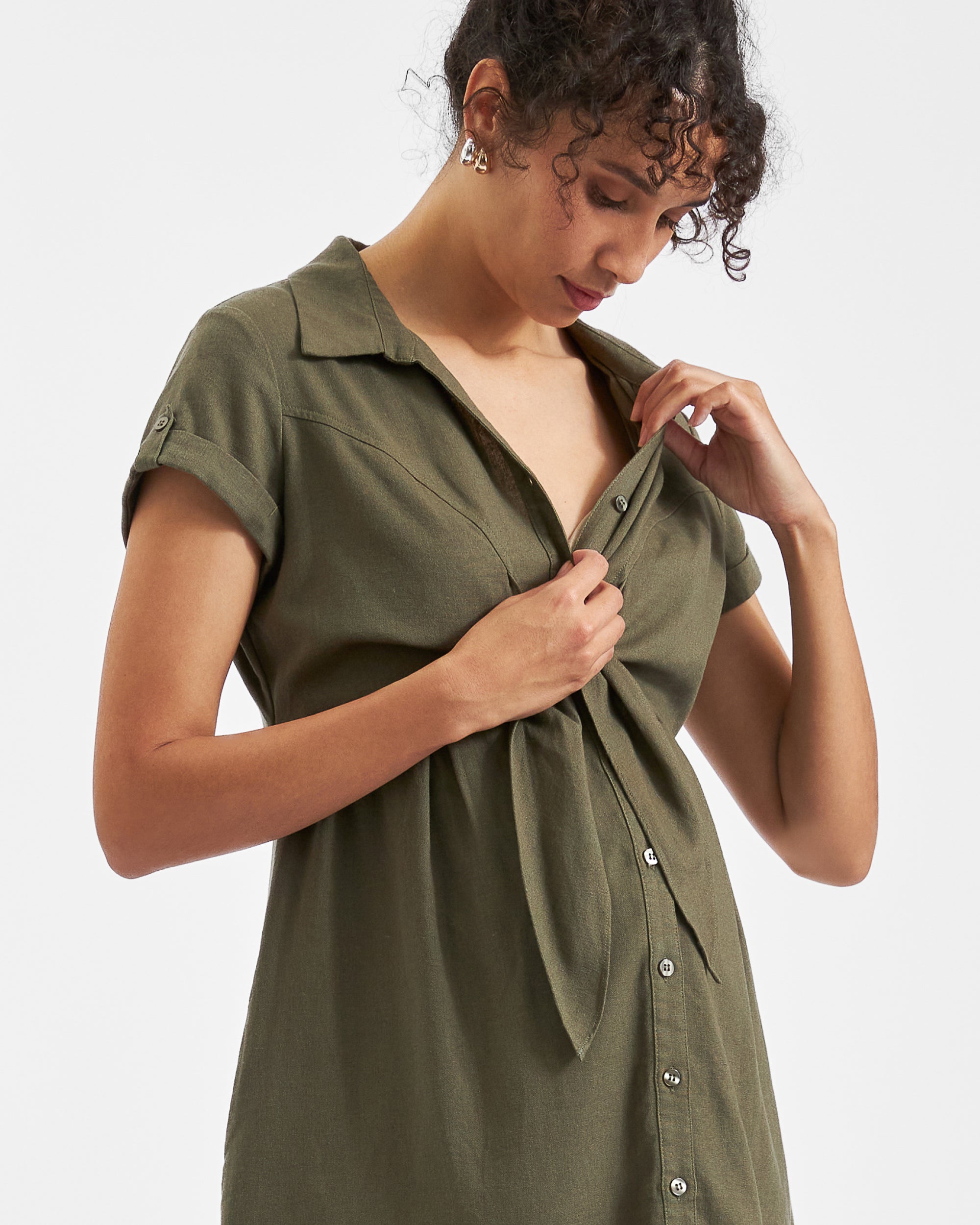 Colette Tie Up Linen Dress Olive