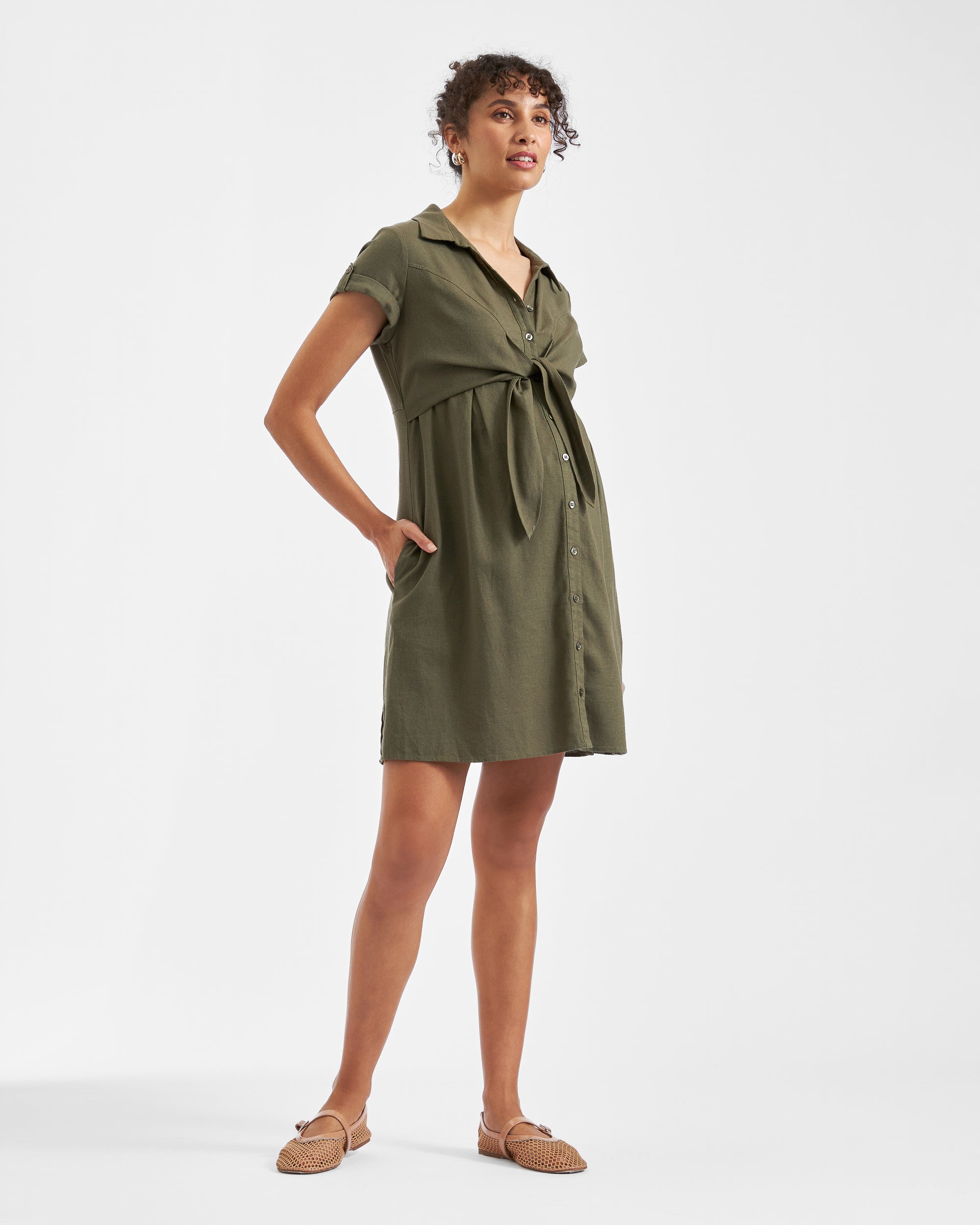 Colette Tie Up Linen Dress Olive