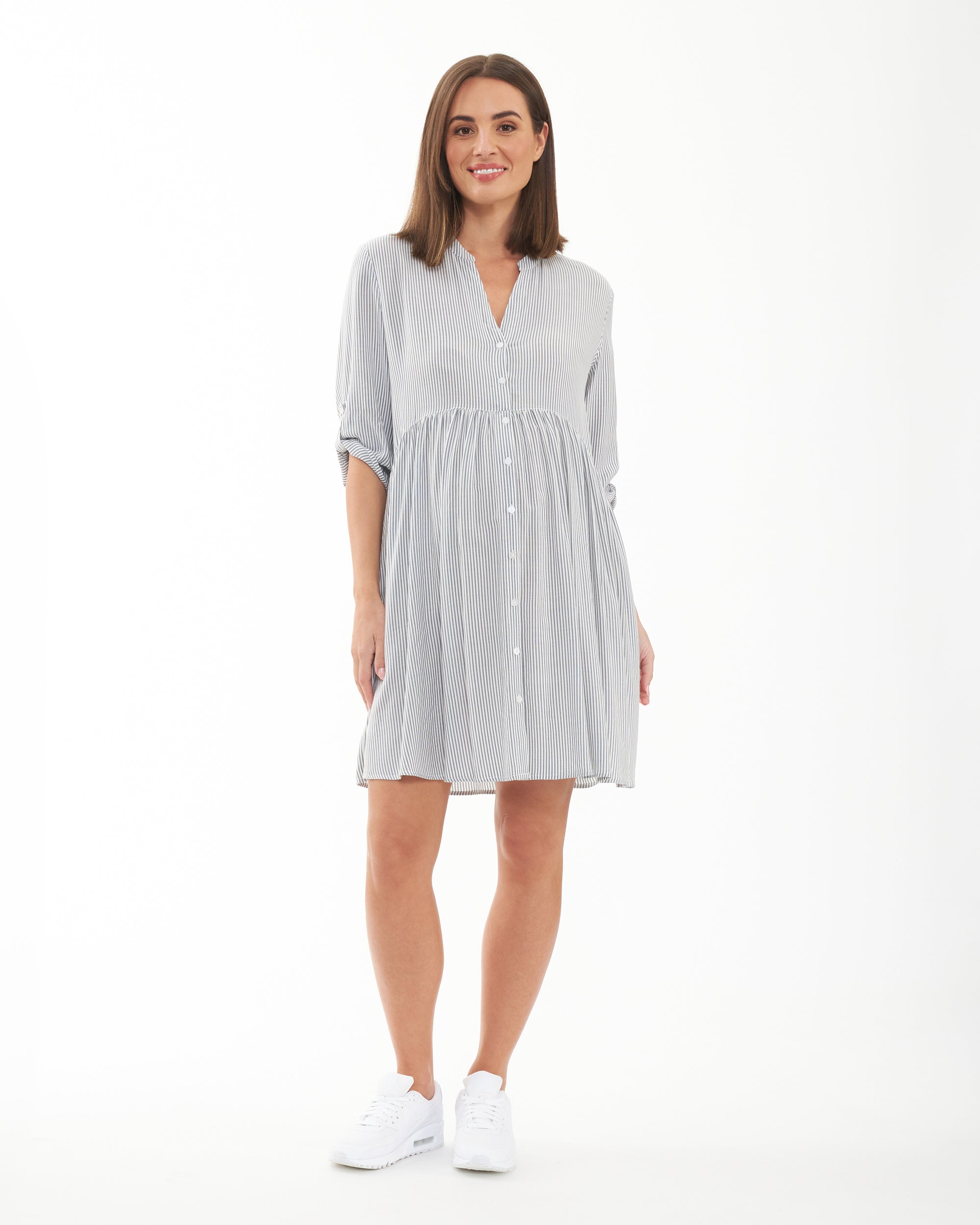 grey and white striped shirt dress Women's Malta Travel Dress | White/Navy Stripe