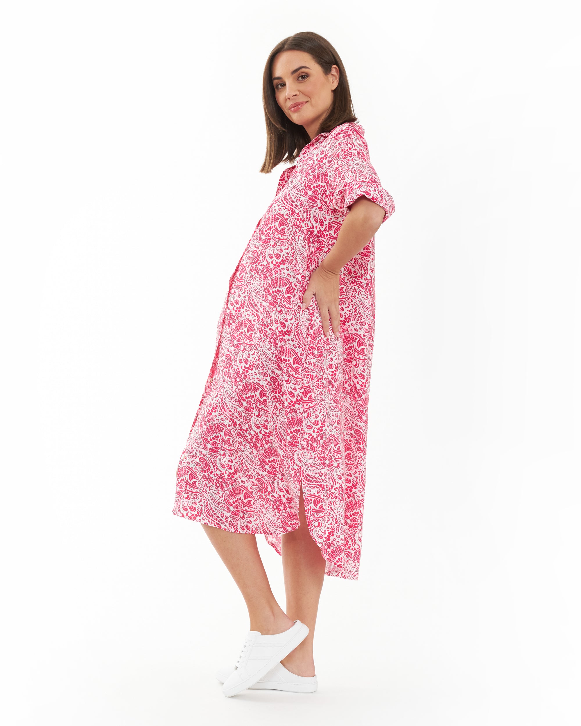 Janis Shirt Dress Hot Pink / White