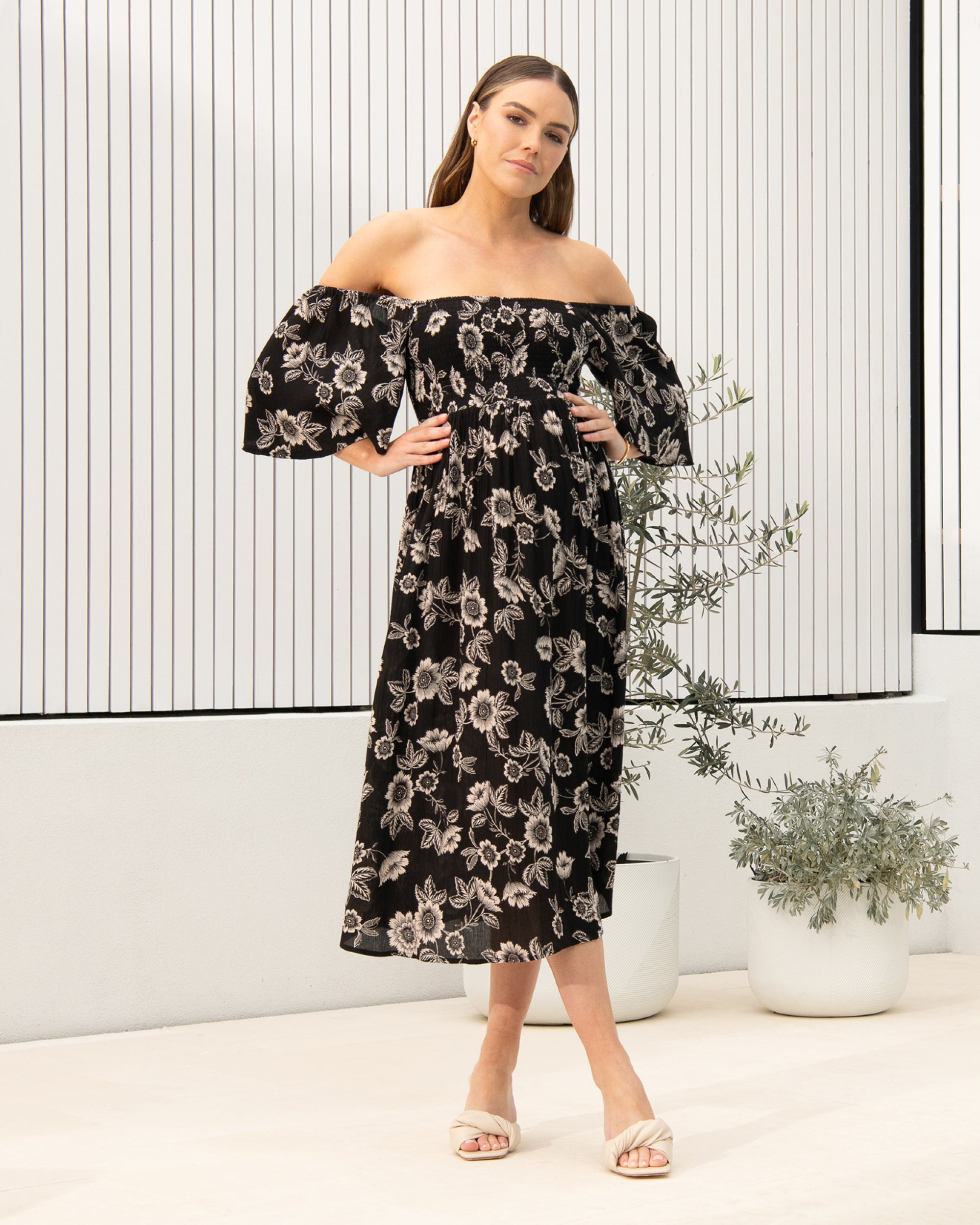 Trina Shirred Dress Black / Natural