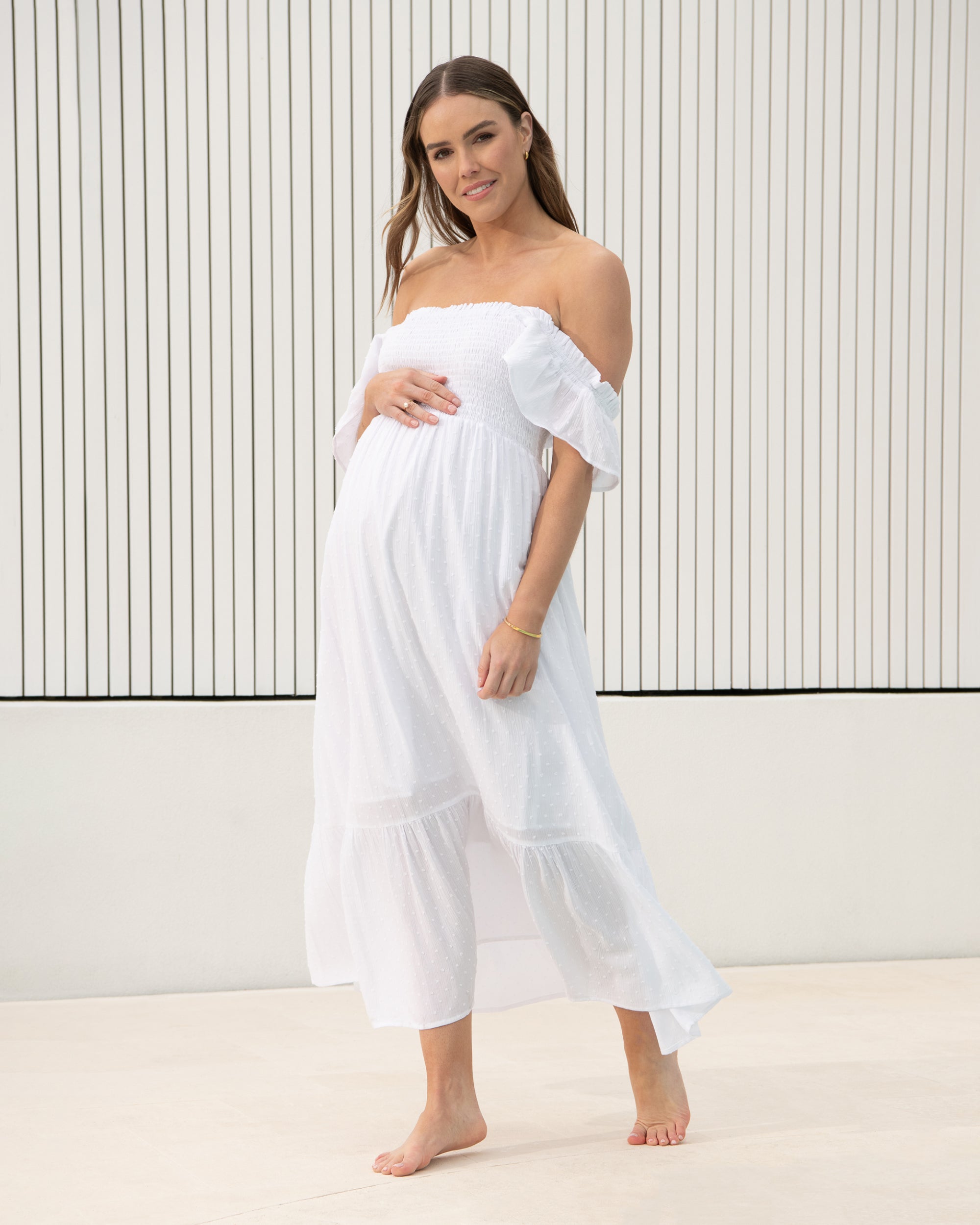 white pregnancy dress Maternity Wedding for Photo Shoot ~ Plus Size Maternity Photo Props ~ Lauren legs Lined bodice for comfort and coverage On or off Ripe Maternity Hail Spot Smocked