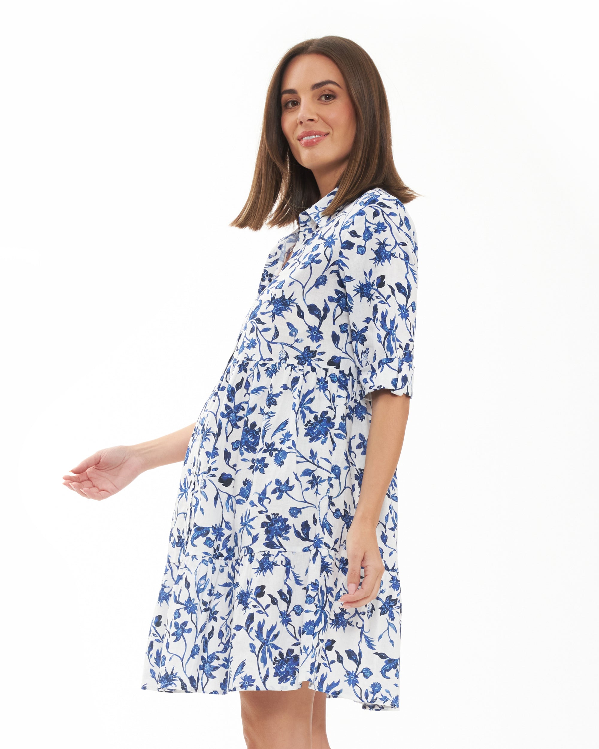 Bella Linen Dress  White / Lapis