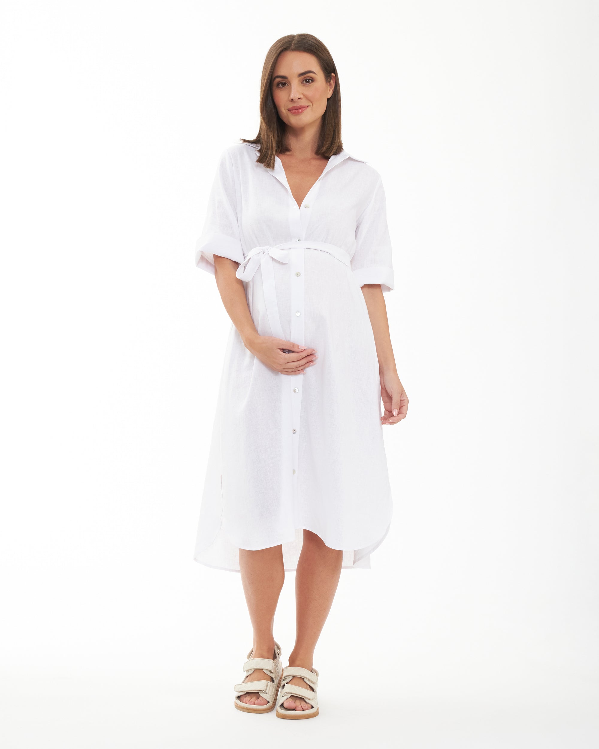 Ripe Maternity Molly Linen Button Through Shirt Dress White - White Ripe Maternity Molly Linen Button Through Shirt Dress White - White