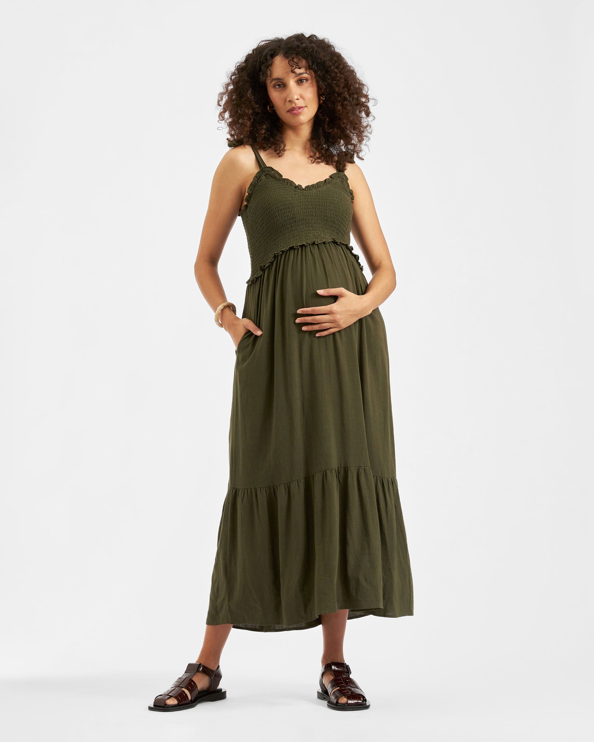 Brandi Shirred Dress Khaki