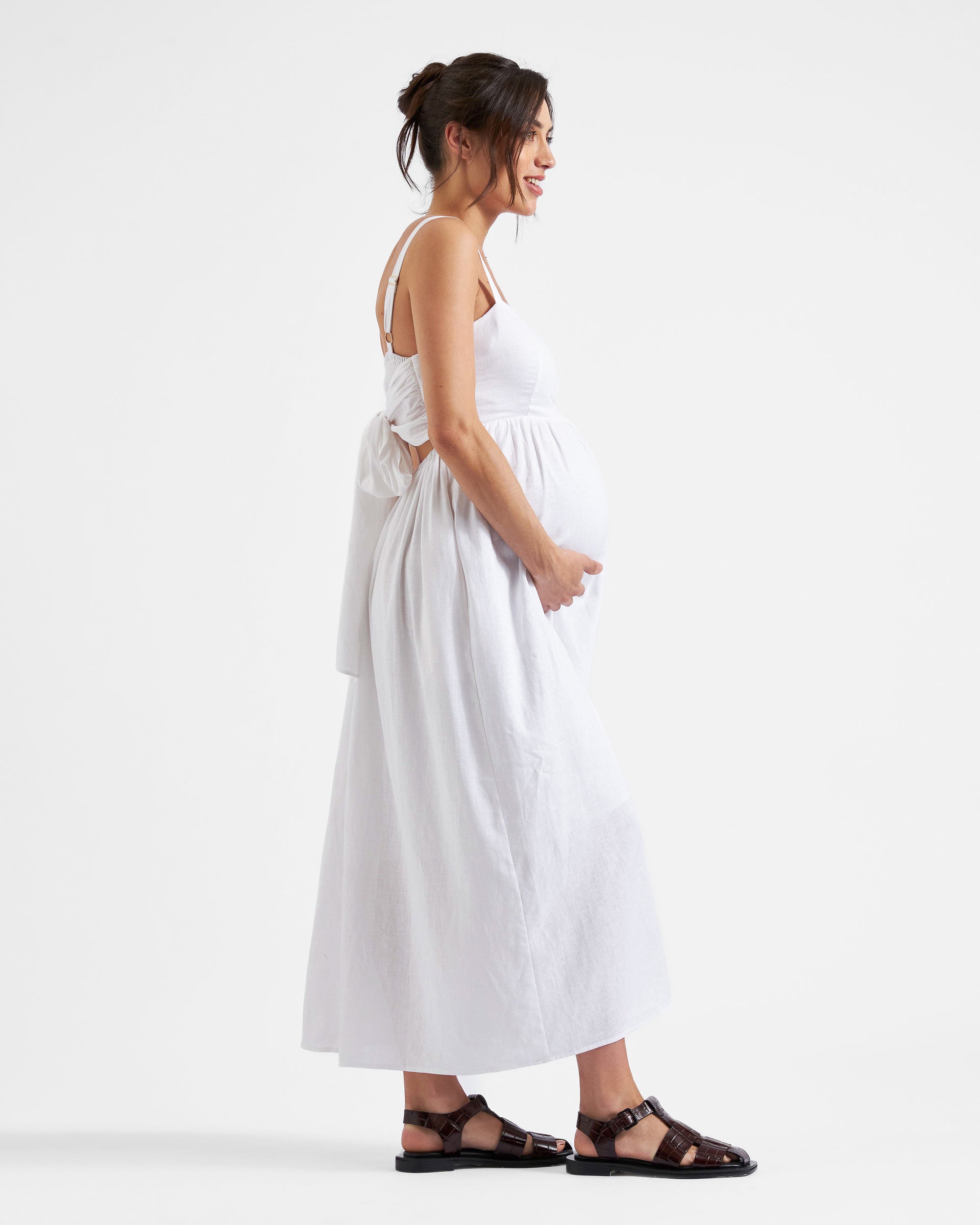Simone Tie Back Linen Dress White