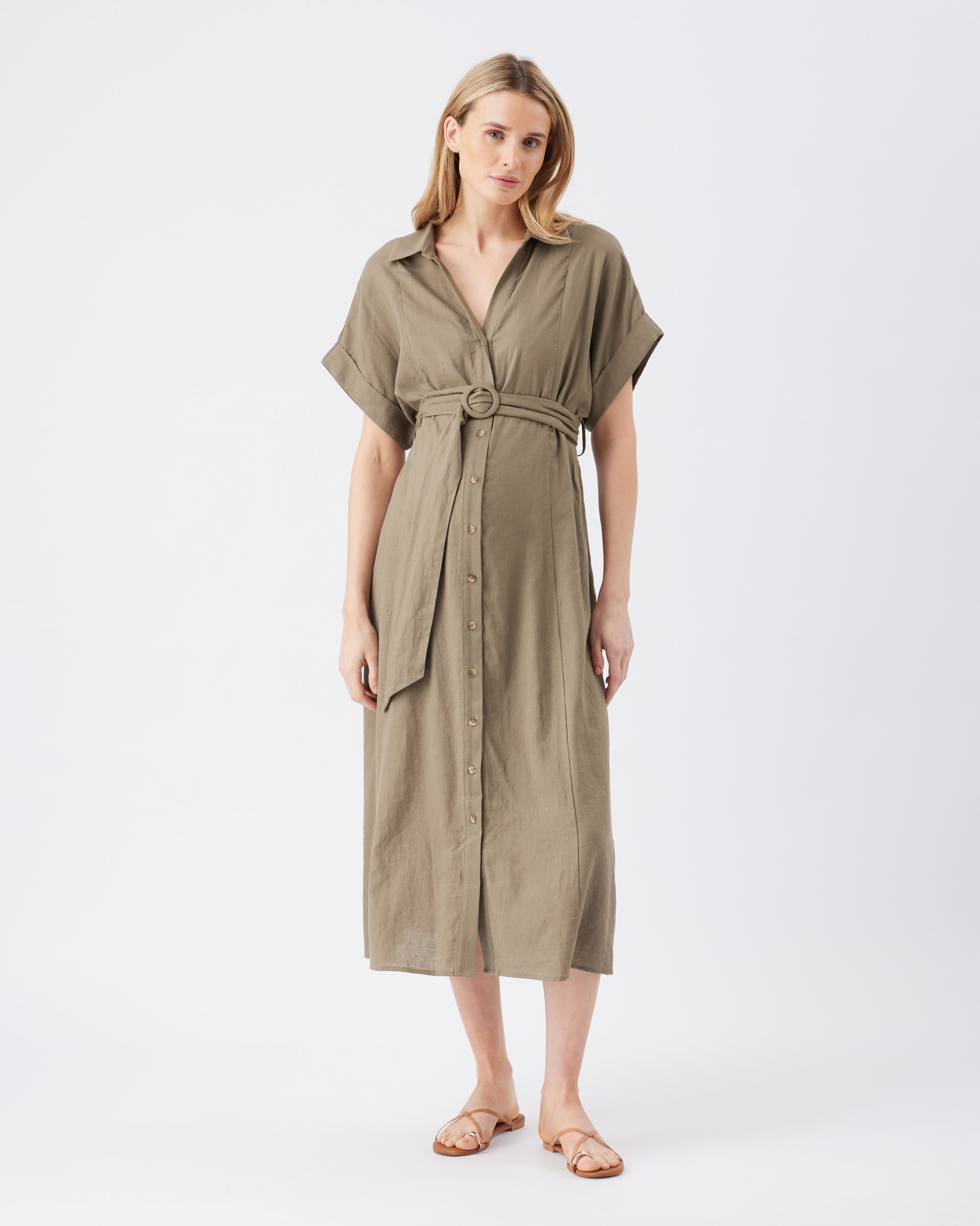 Amy Linen Nursing Shirt Dress Olive