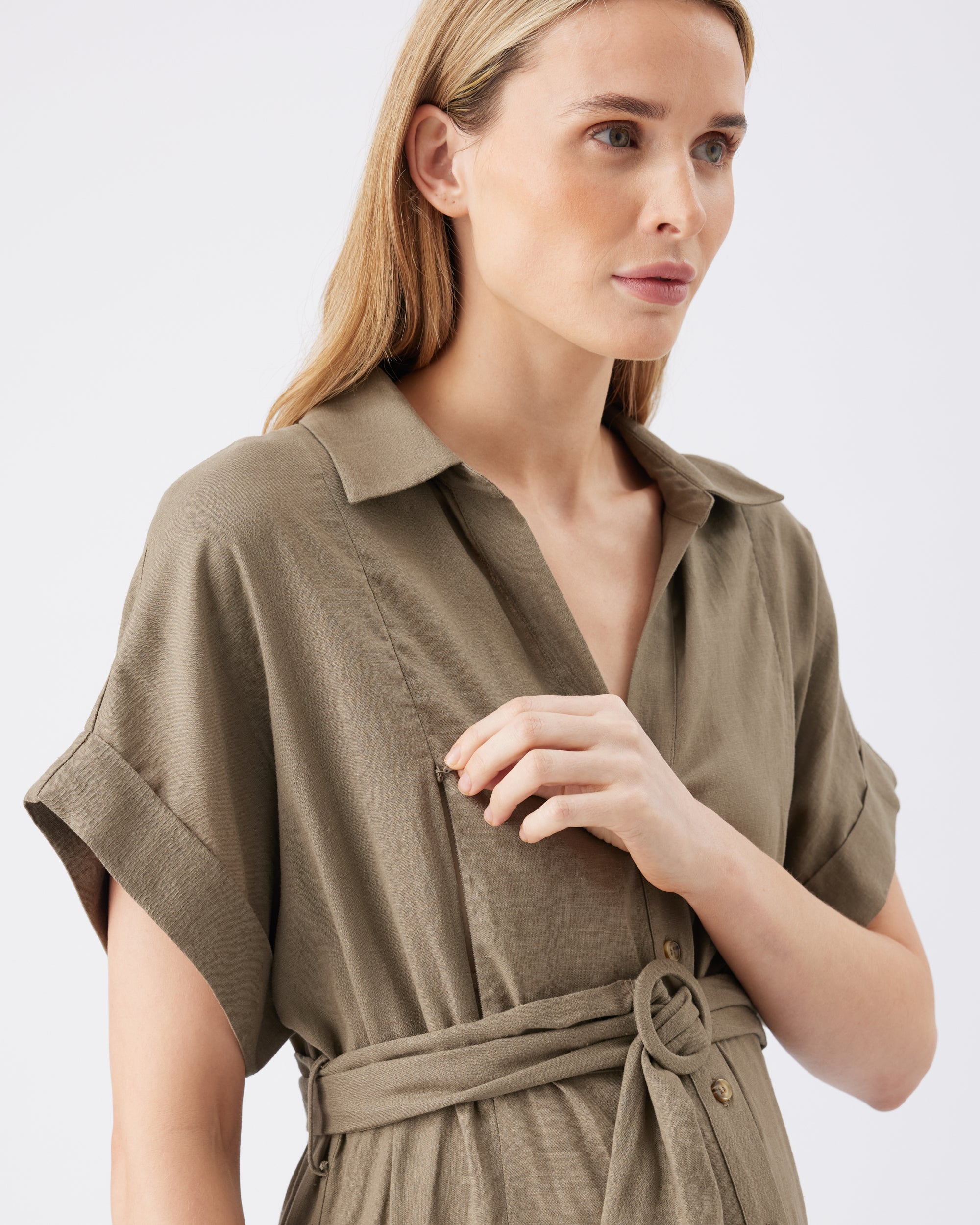 Amy Linen Nursing Shirt Dress Olive