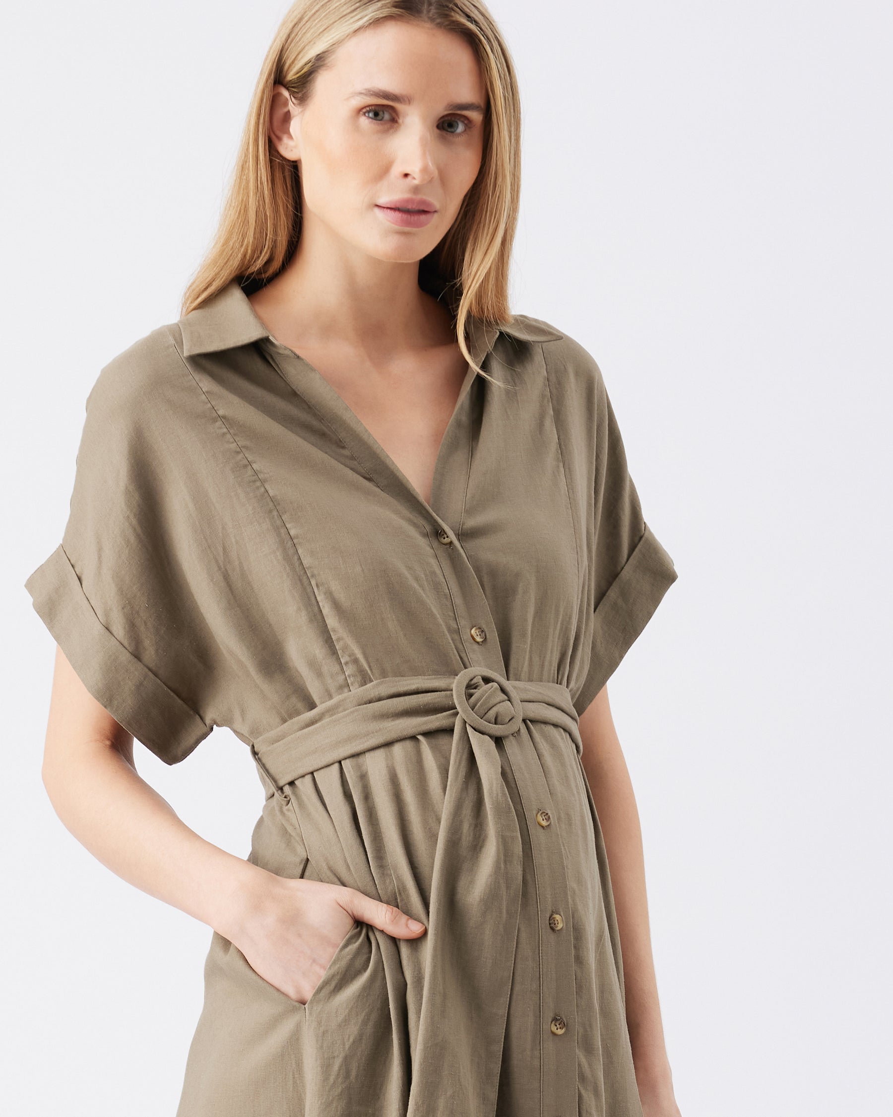 Amy Linen Nursing Shirt Dress Olive