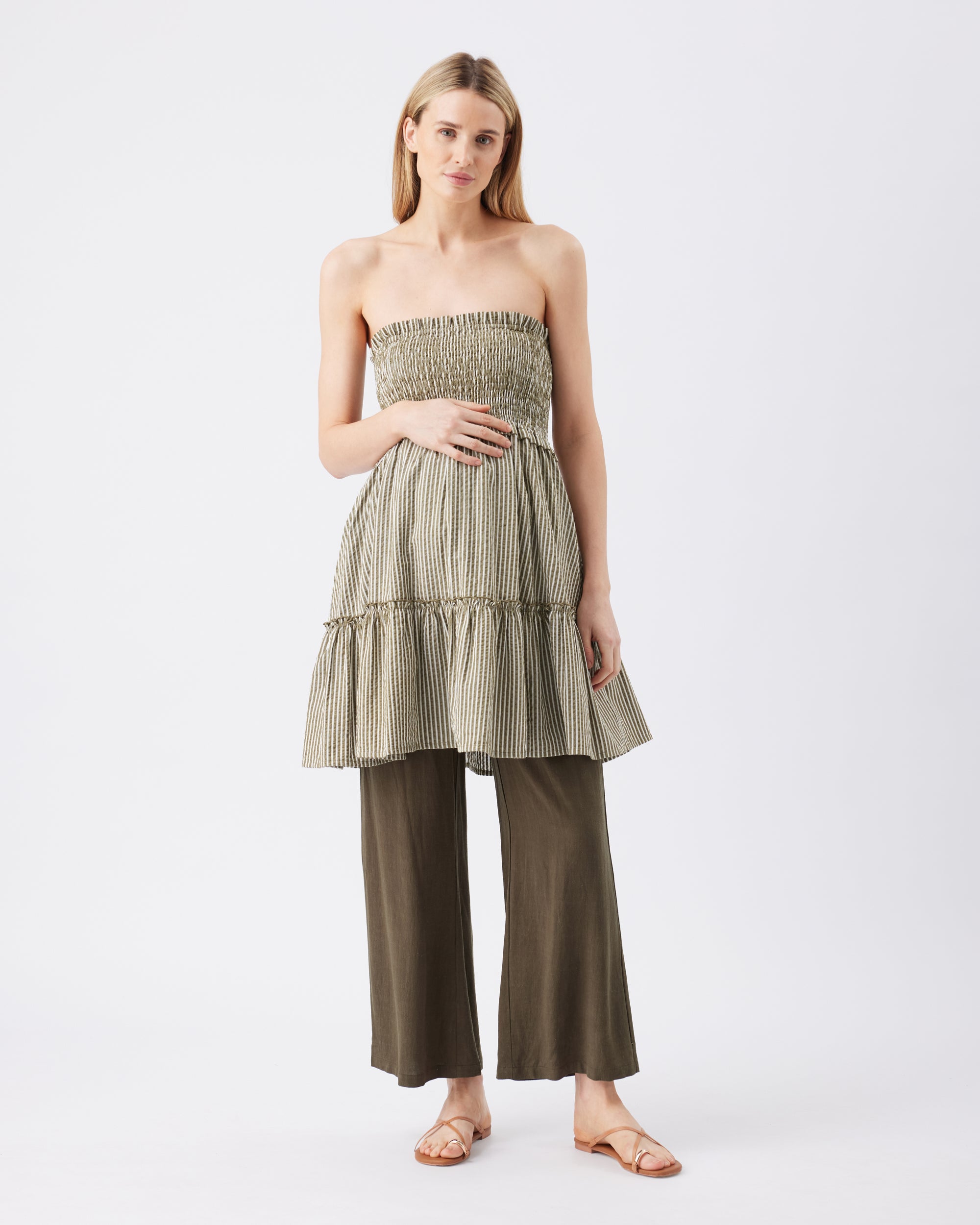 Gabby Tiered Dress Khaki / White