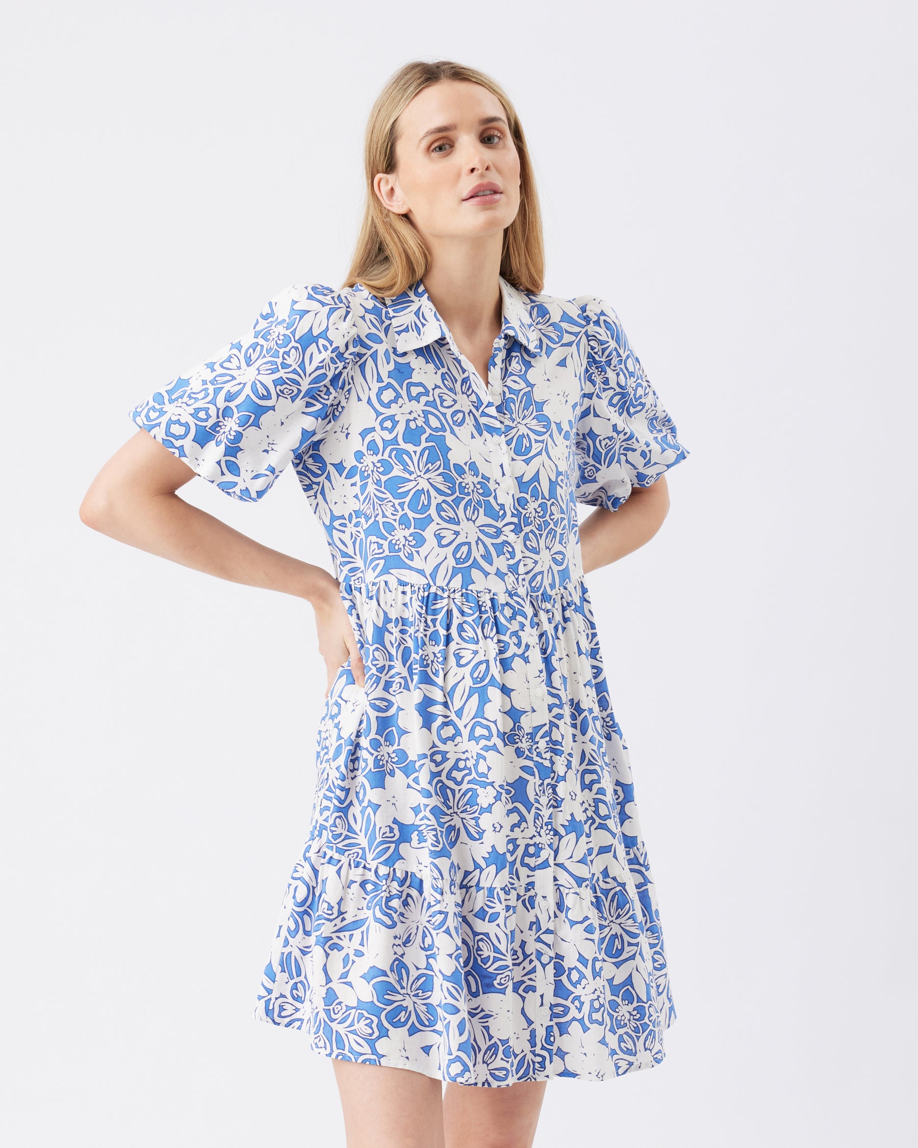 Nahla Linen Dress Royal / White