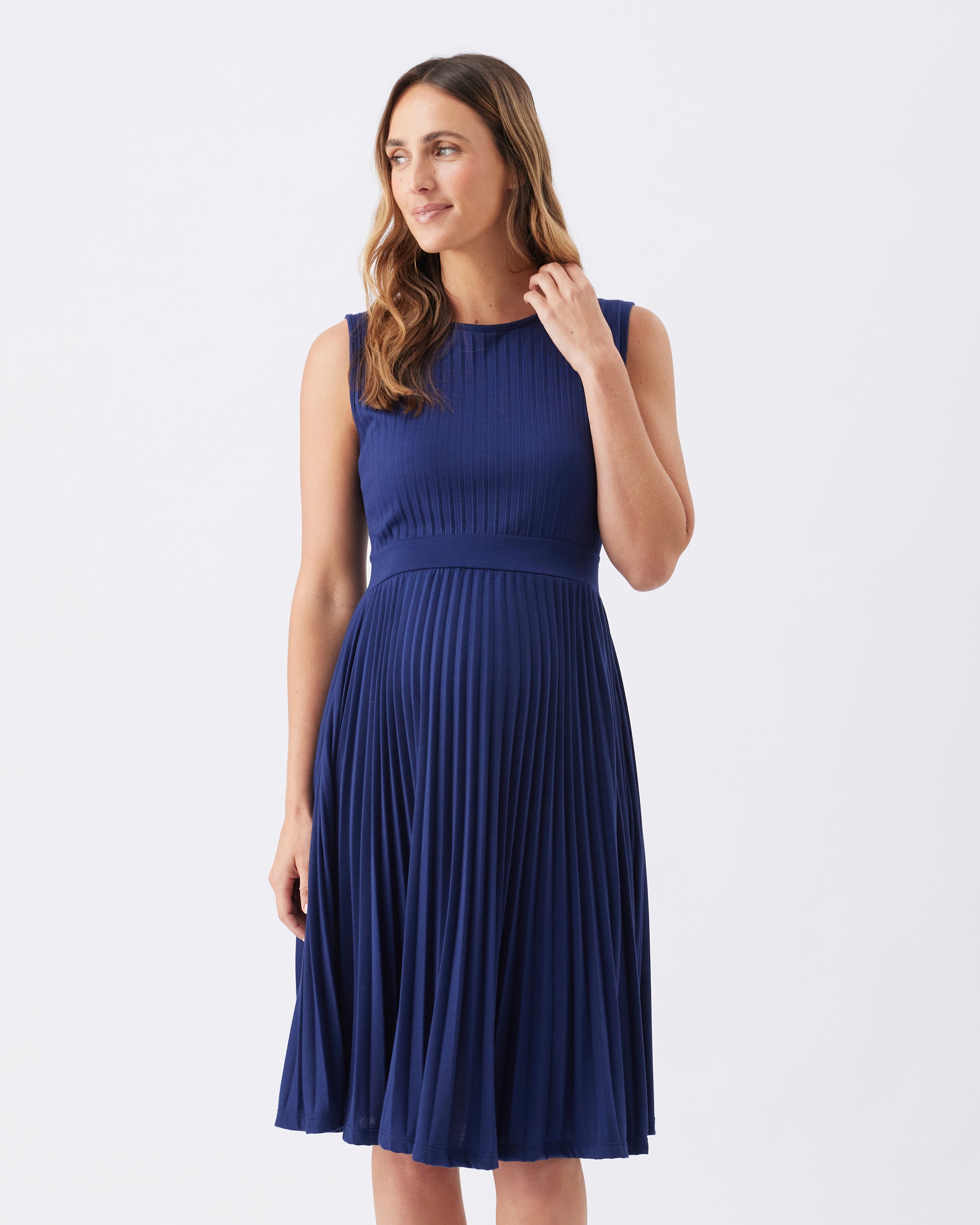 open lace back dress Ripe Maternity Knife Pleat Round Neck Dress