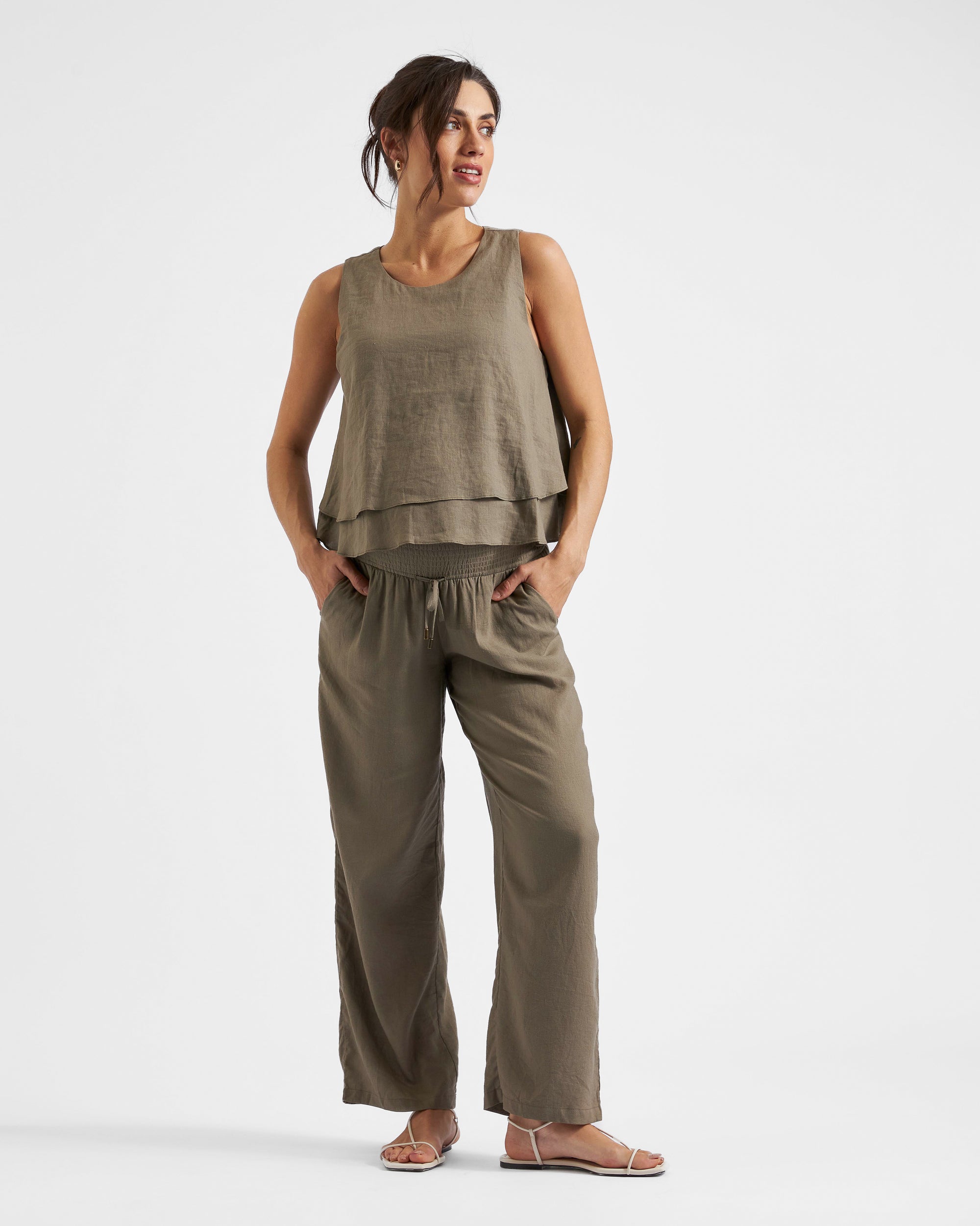 Indi Wide Leg Linen Pant Olive
