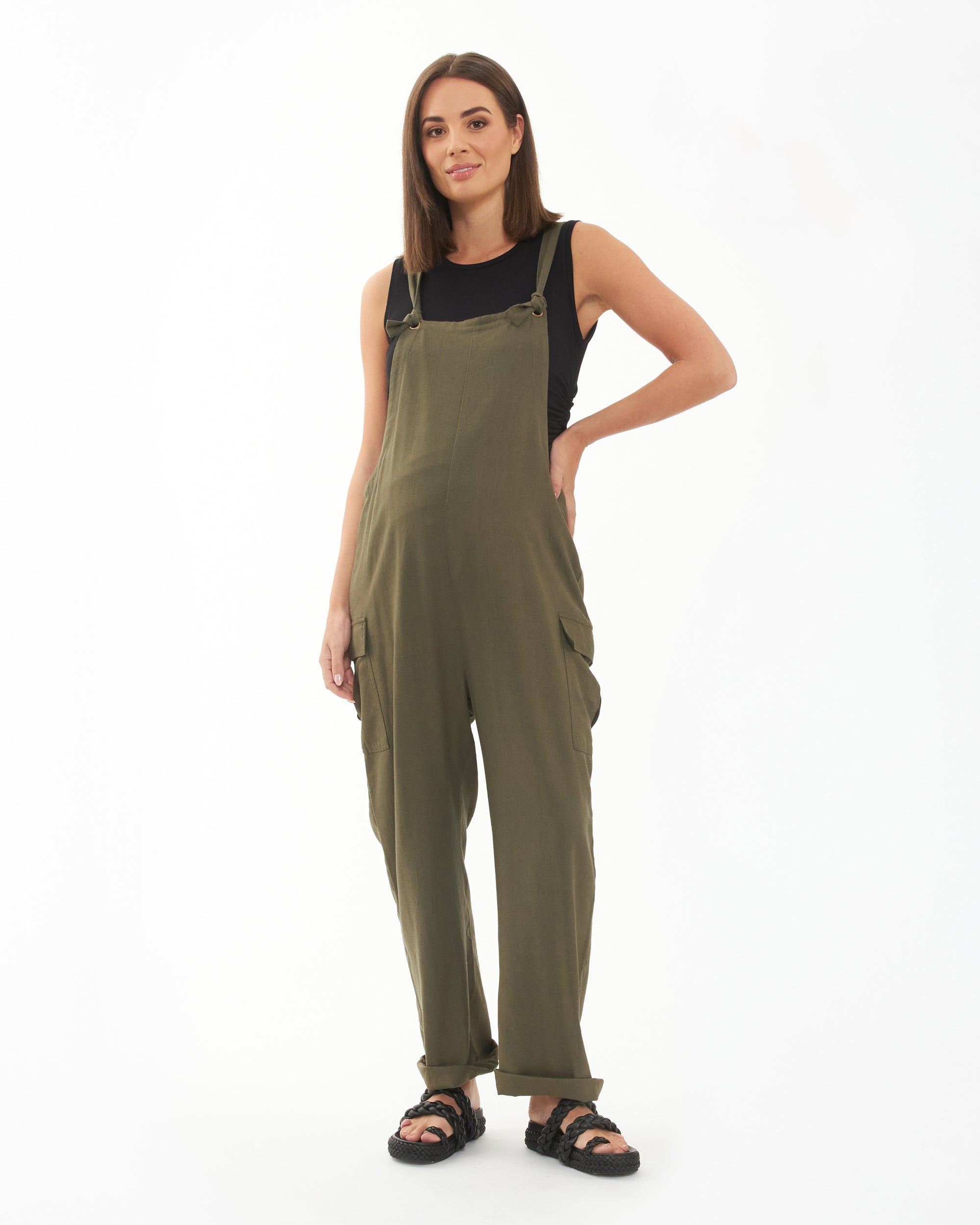 Olive green linen store overalls