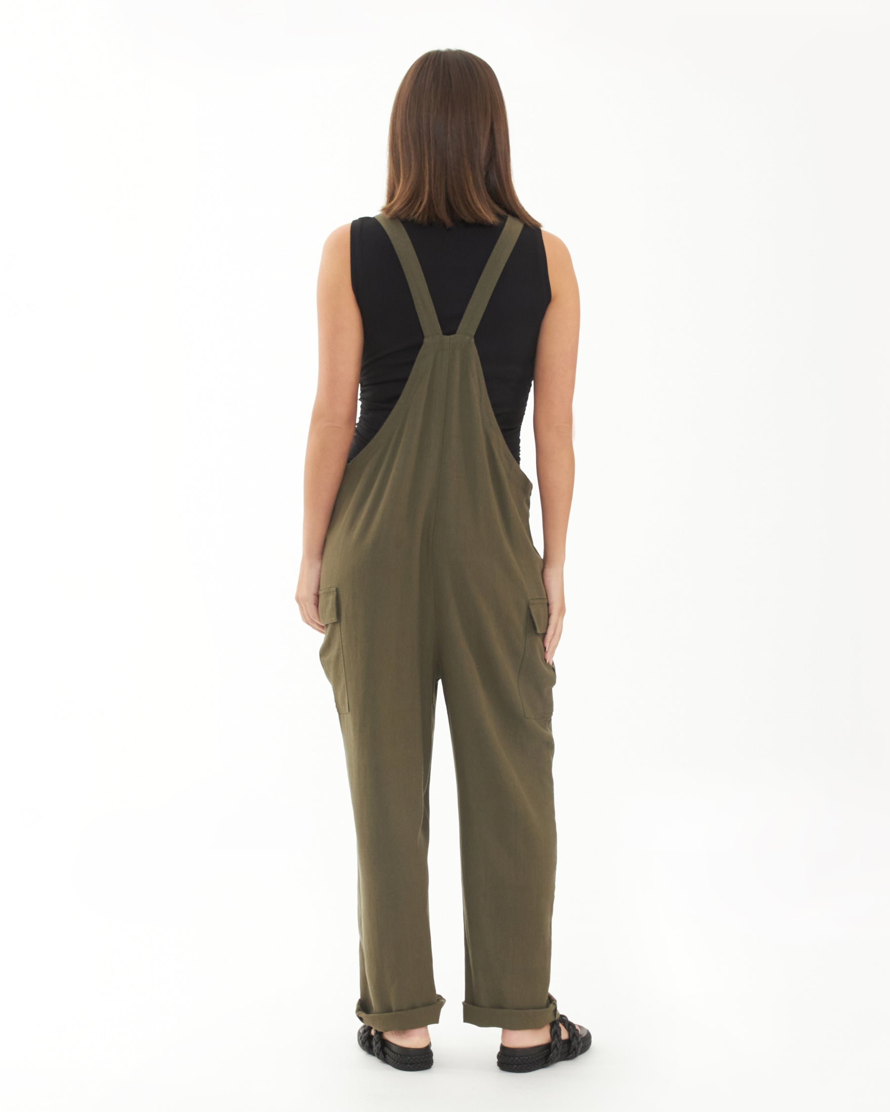 Cargo Pocket Linen Jumpsuit Olive