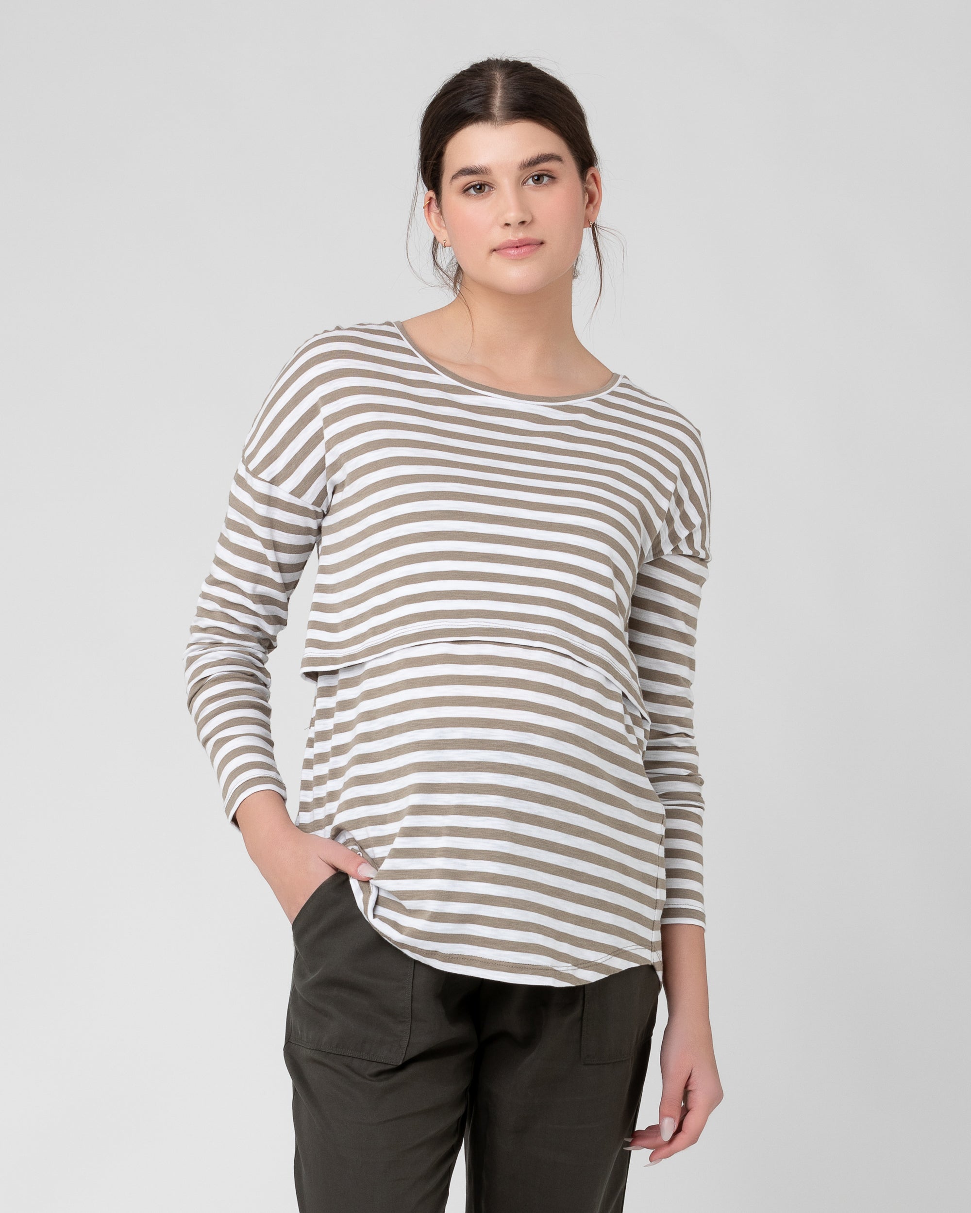 Lionel Long Sleeve Nursing Tee Olive / White