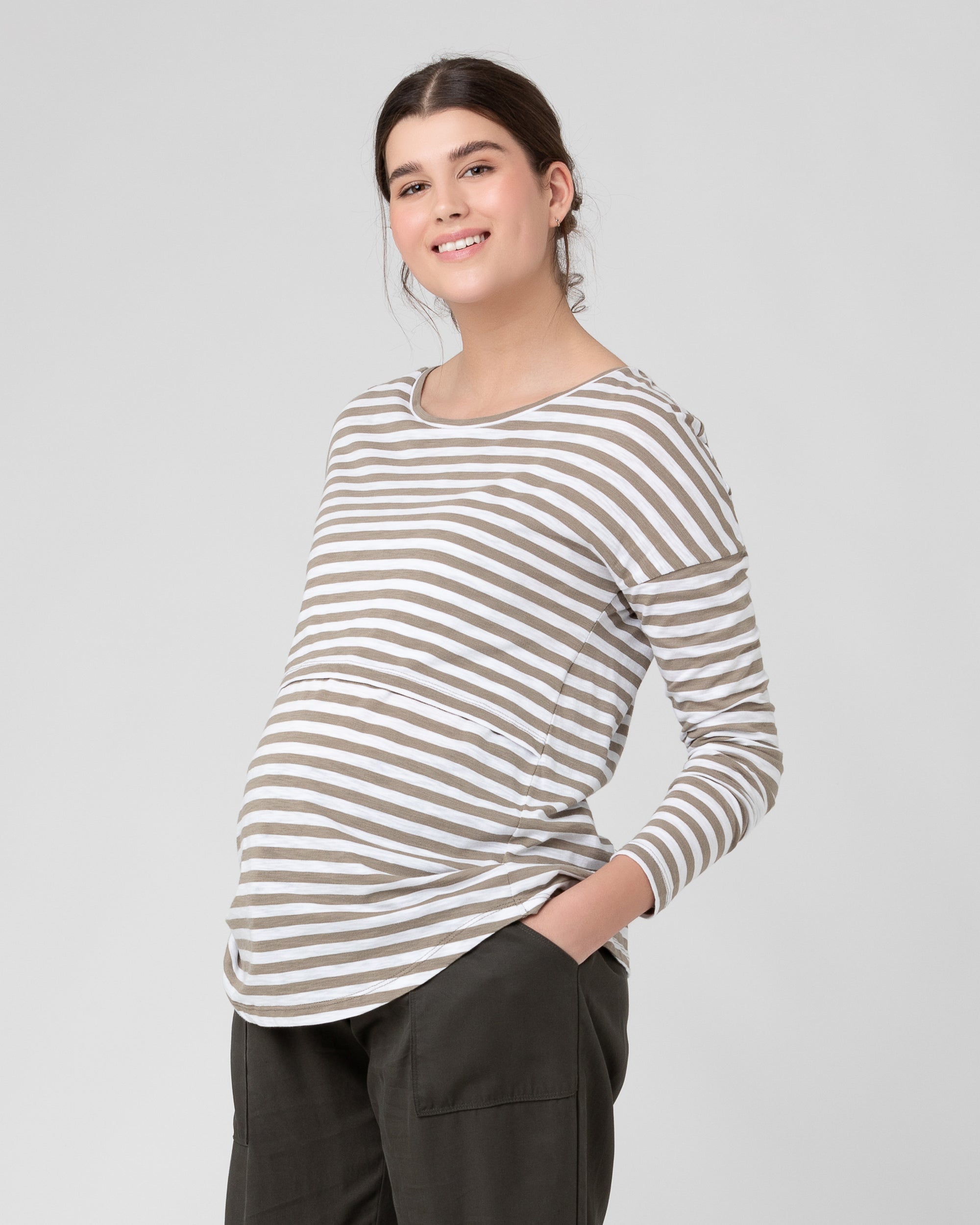 Lionel Long Sleeve Nursing Tee Olive / White