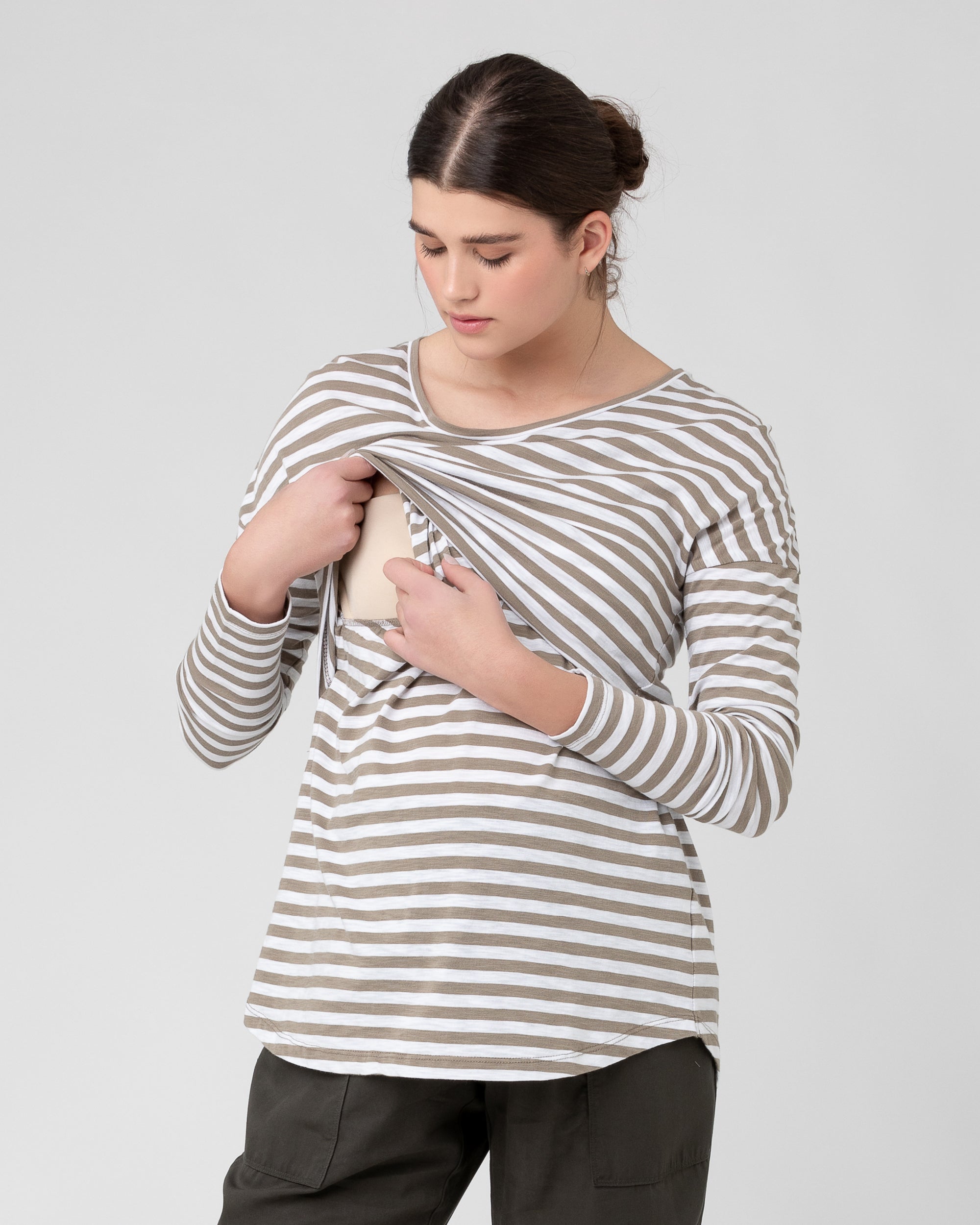 Lionel Long Sleeve Nursing Tee Olive / White