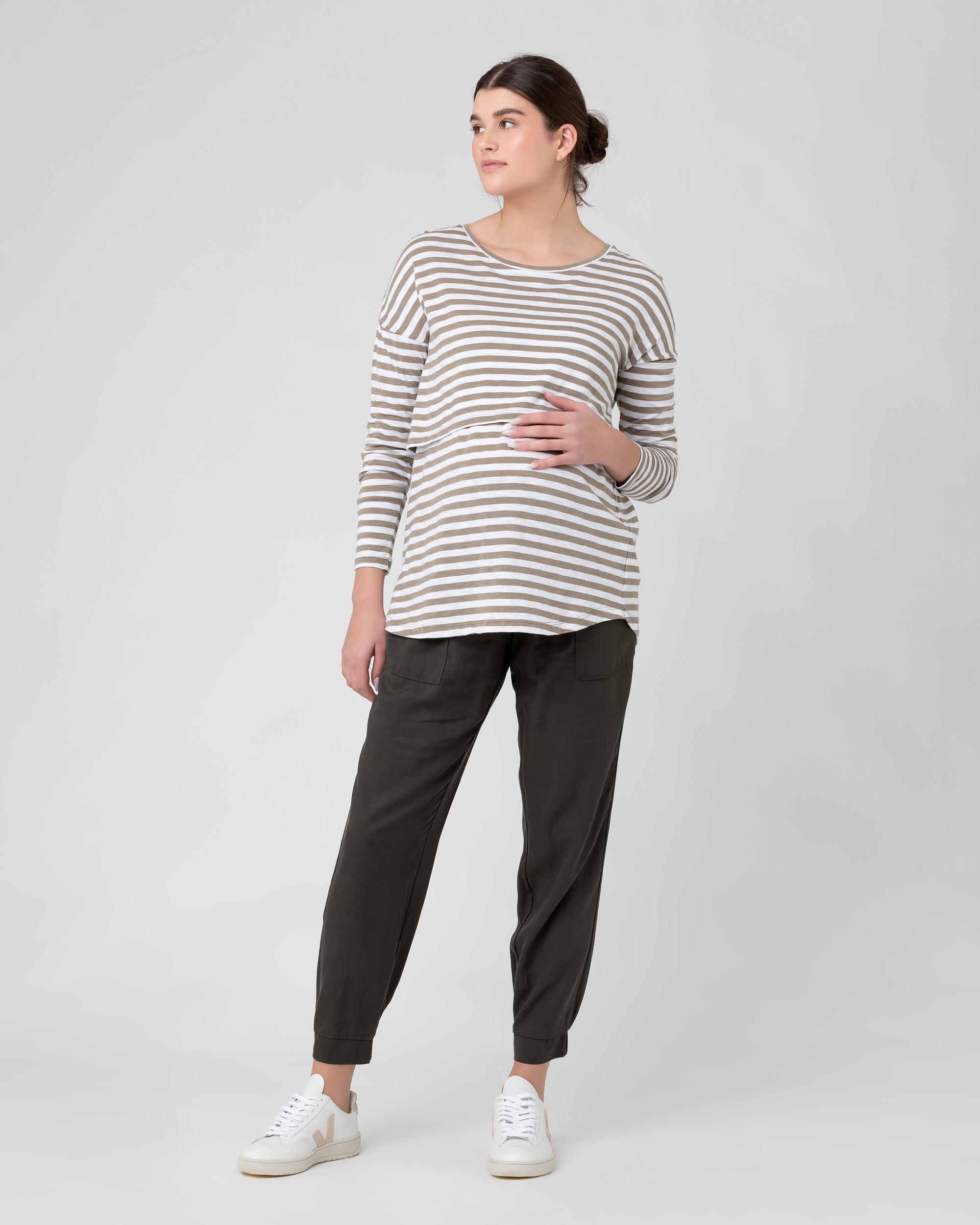 Lionel Long Sleeve Nursing Tee Olive / White