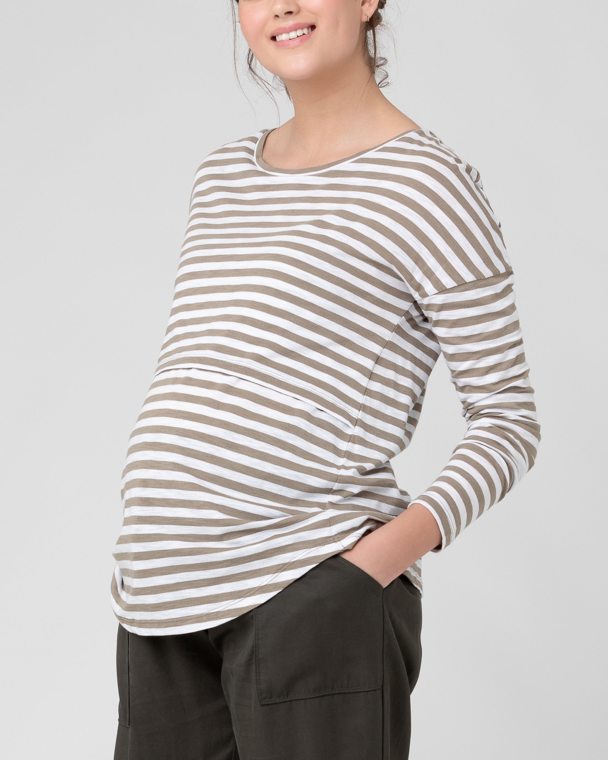 Lionel Long Sleeve Nursing Tee Olive / White