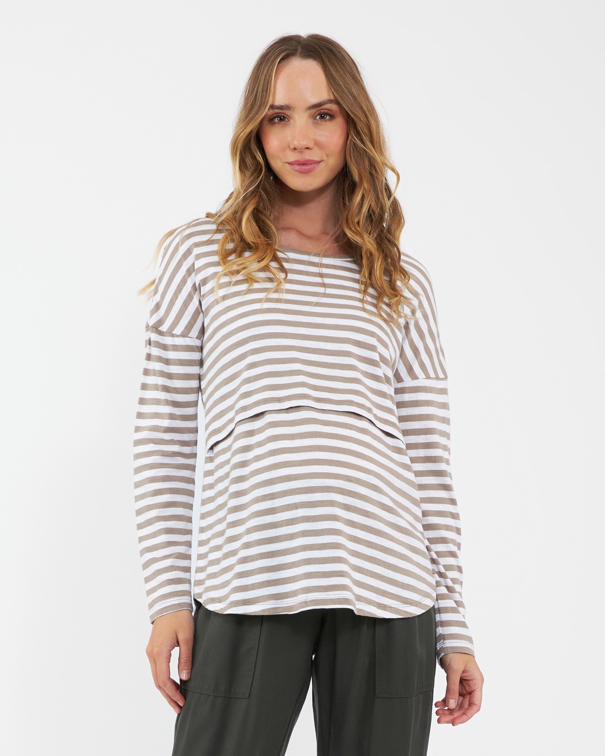 Lionel Long Sleeve Nursing Tee Taupe / White
