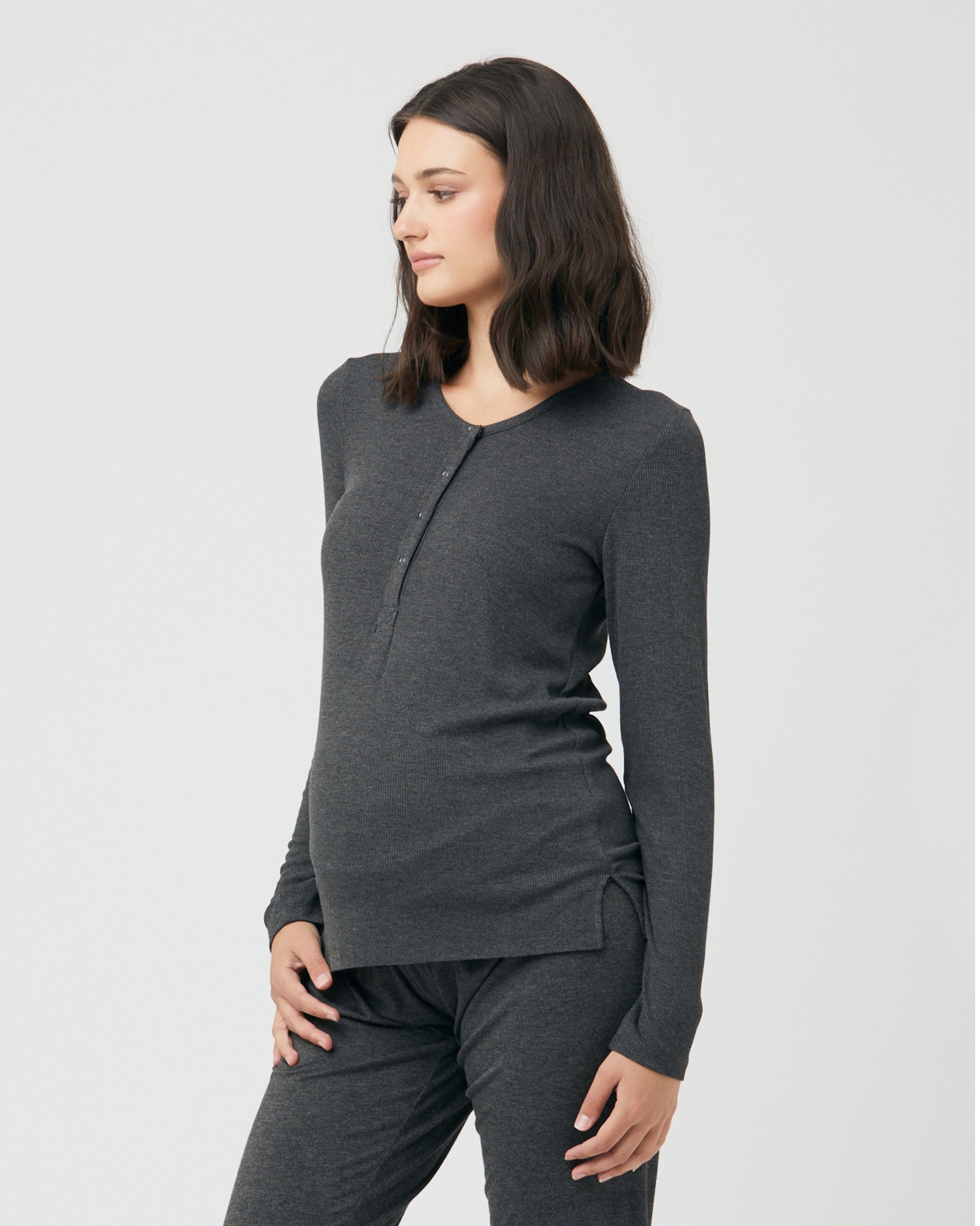 Rib Button Through Top Charcoal Marle