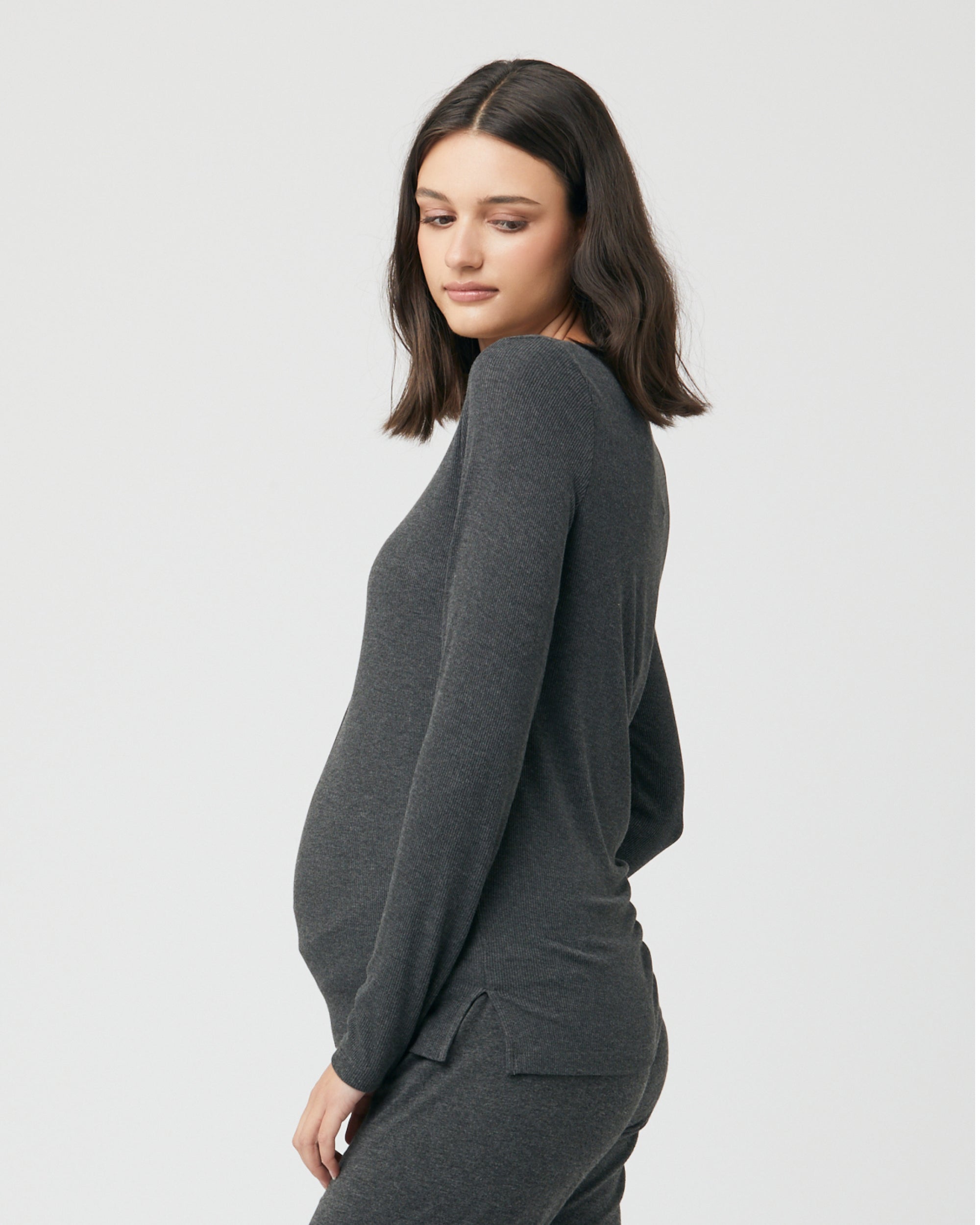 Rib Button Through Top Charcoal Marle