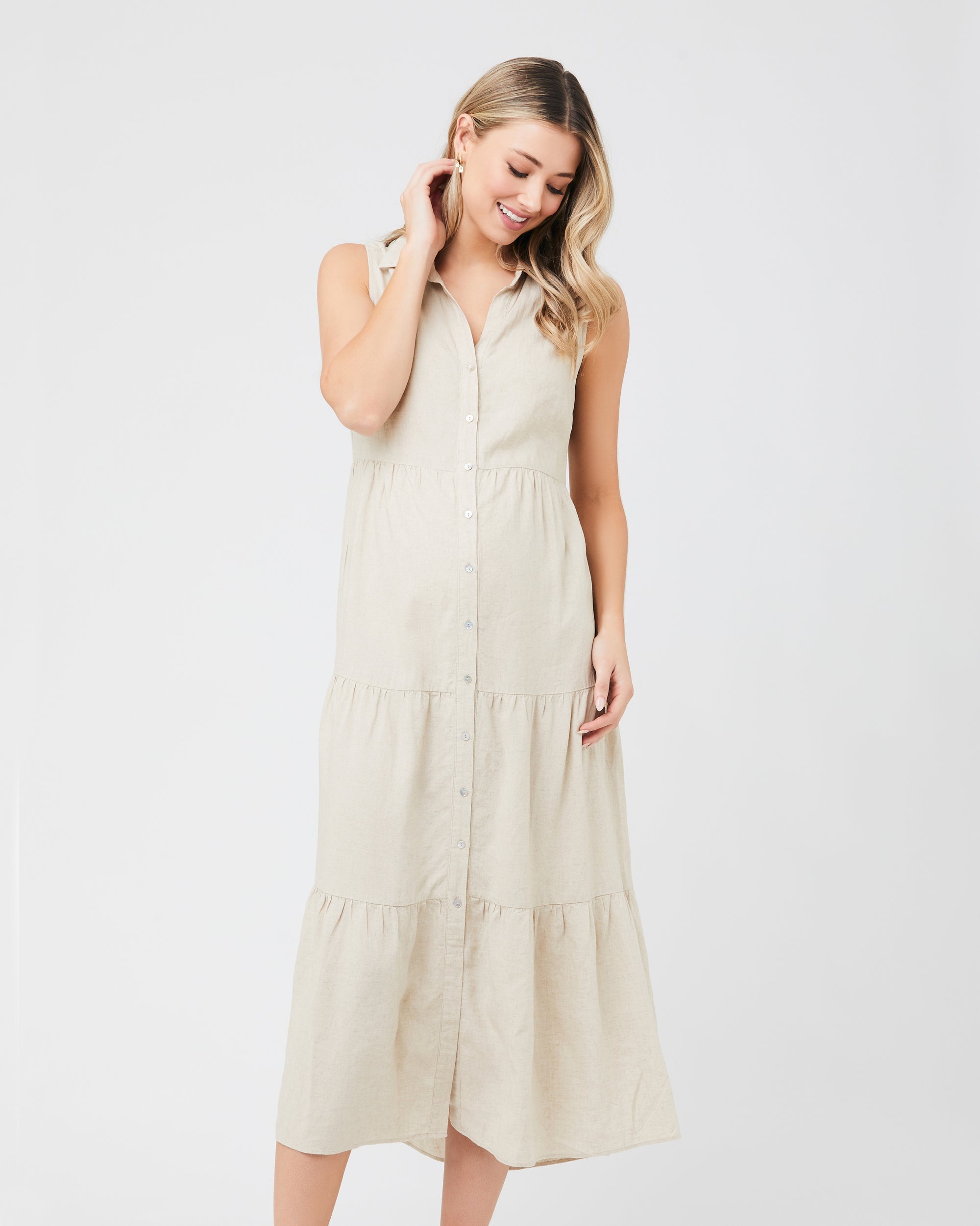 Ripe Maternity Maternity Tracy Button Down Tiered Dress - Natural Ripe Maternity Maternity Tracy Button Down Tiered Dress - Natural
