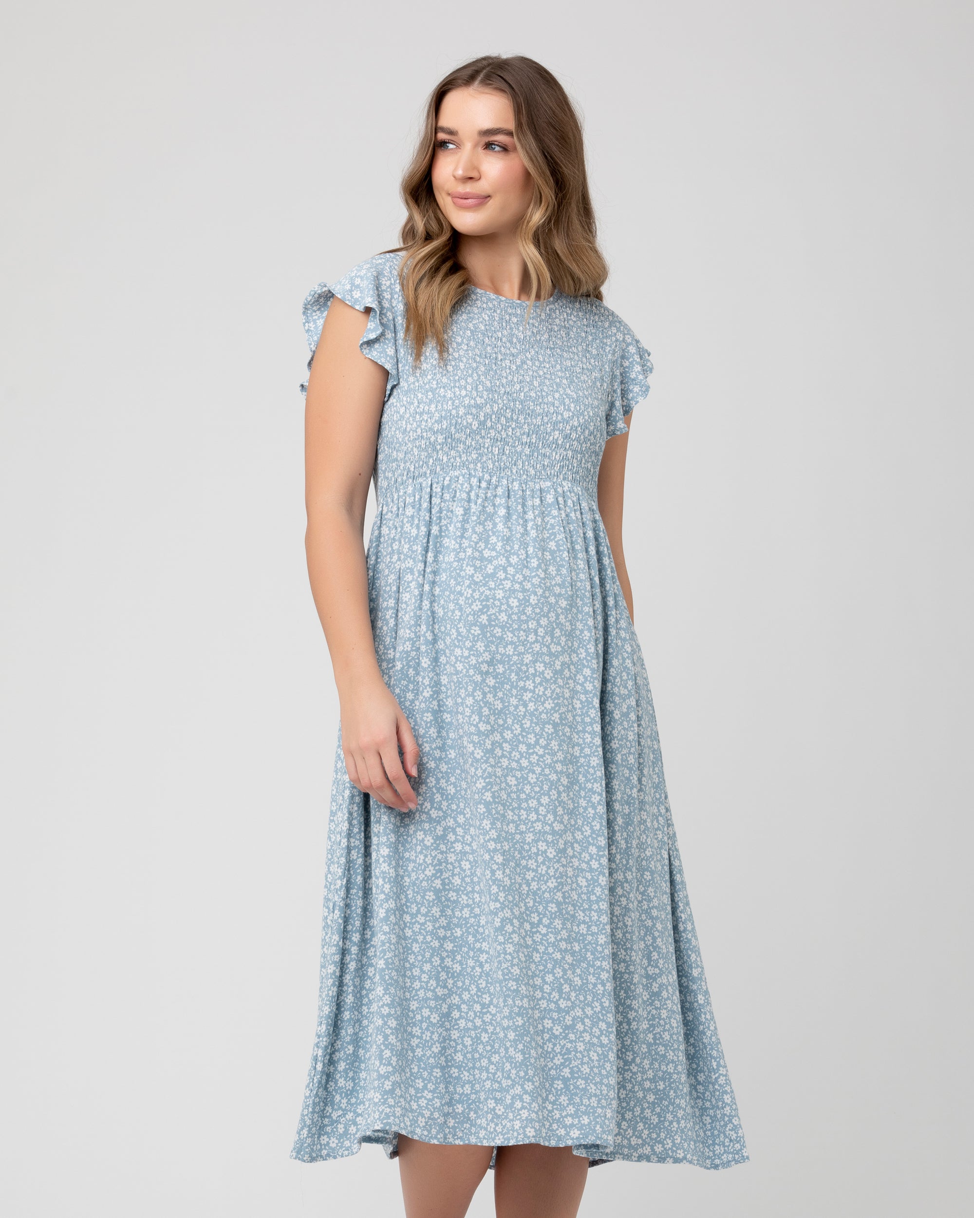Ava Shirred Dress Petrol / White