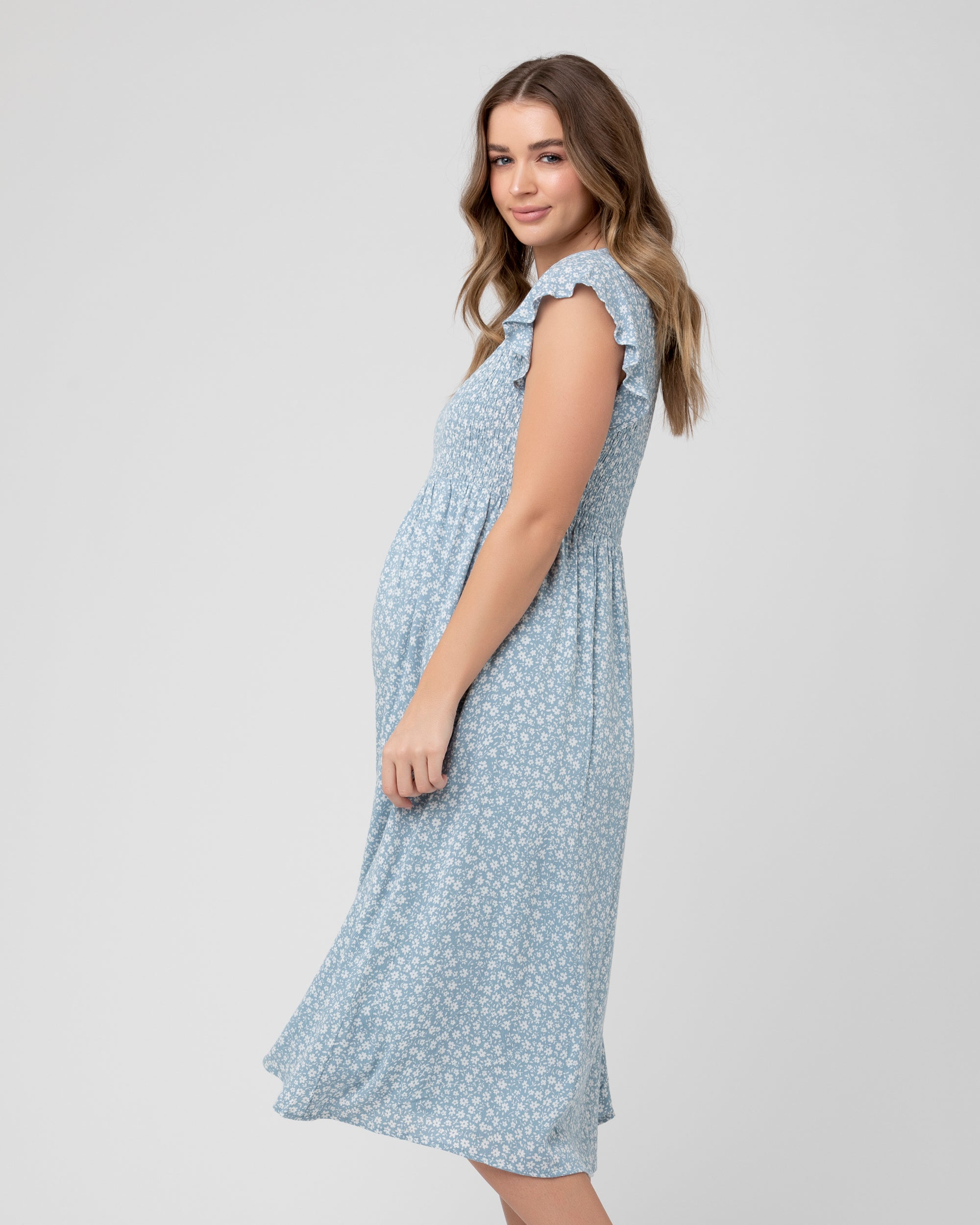 Ava Shirred Dress Petrol / White