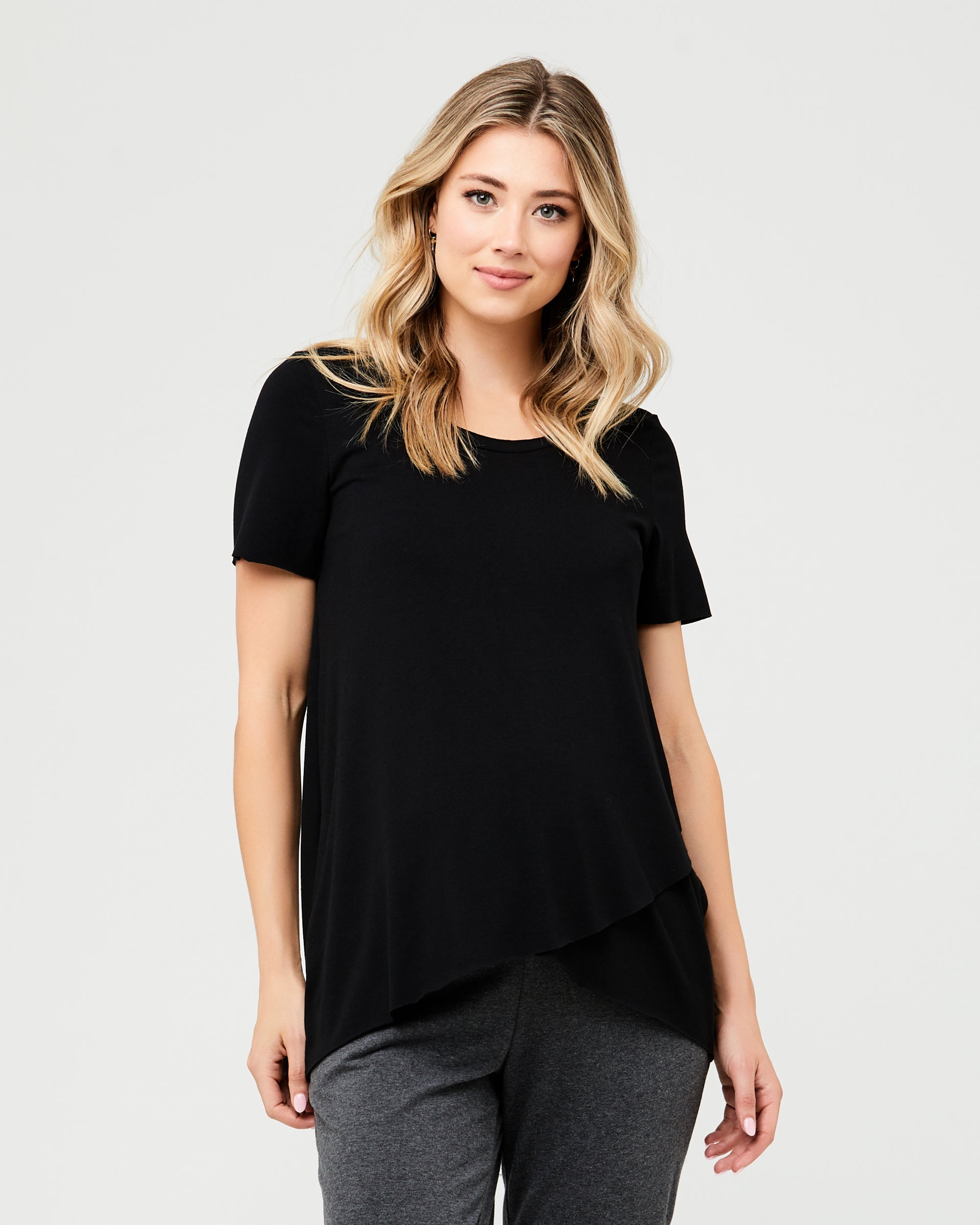 Short Sleeve Raw Edge Nursing Top Black