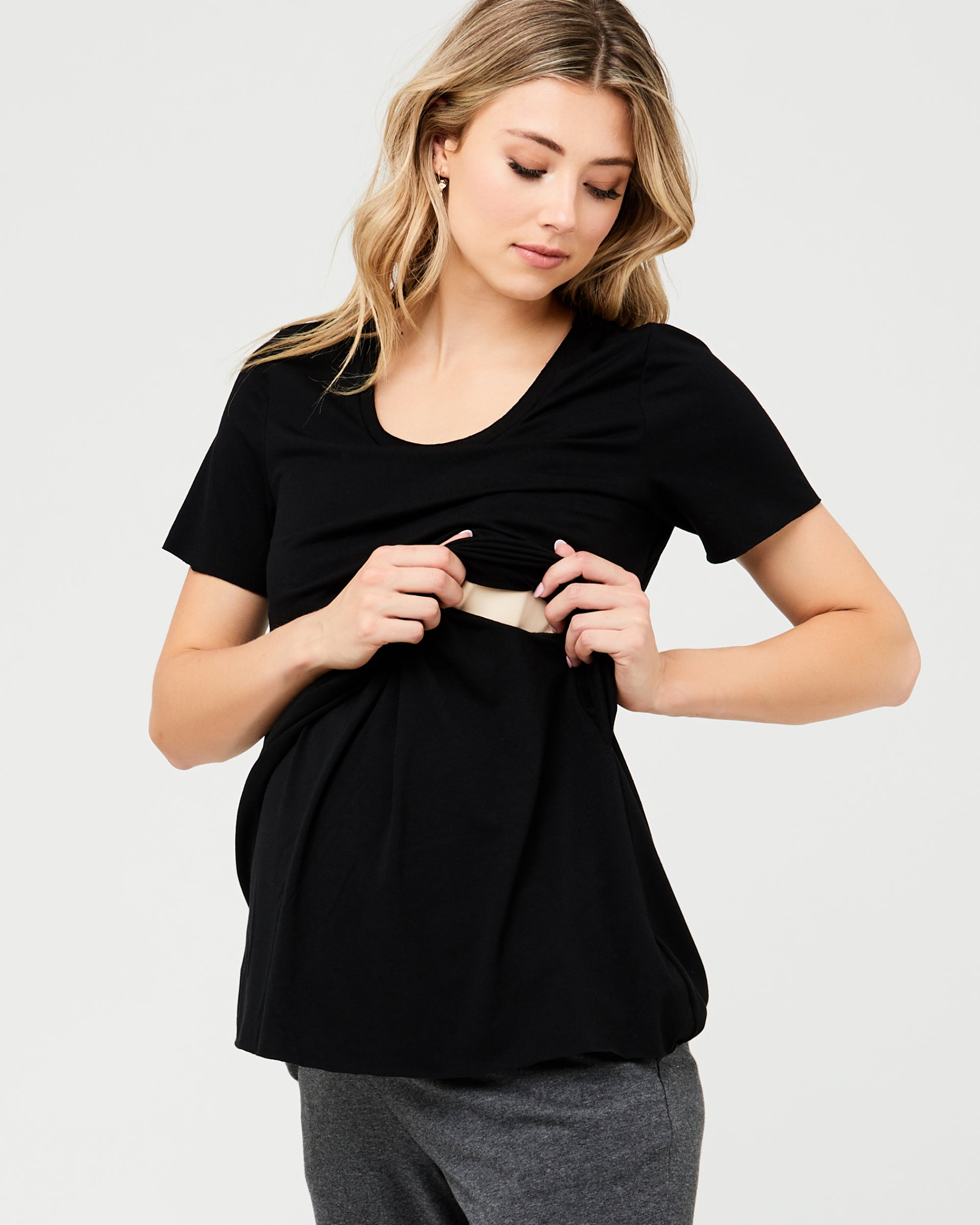 Short Sleeve Raw Edge Nursing Top Black