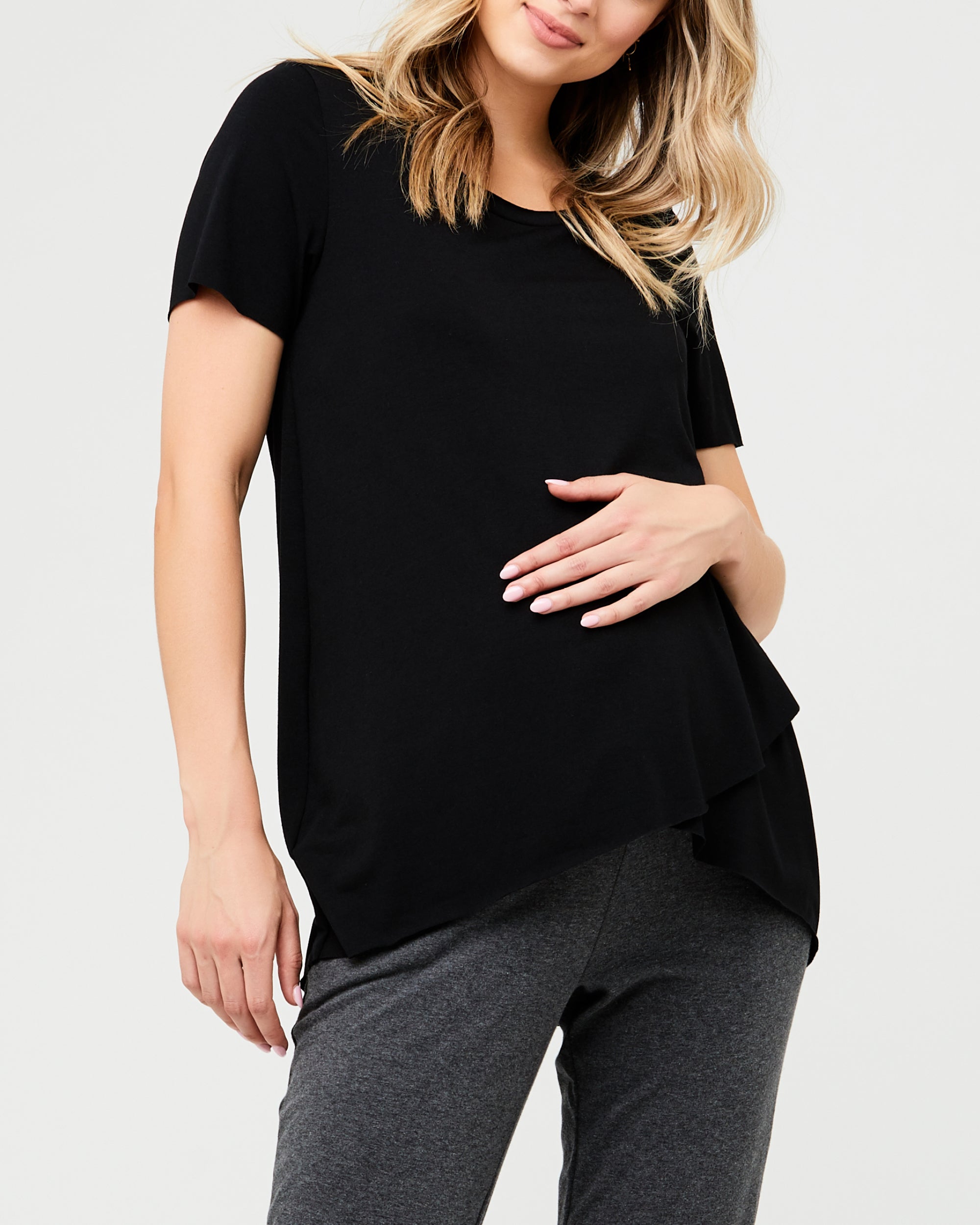 Short Sleeve Raw Edge Nursing Top Black