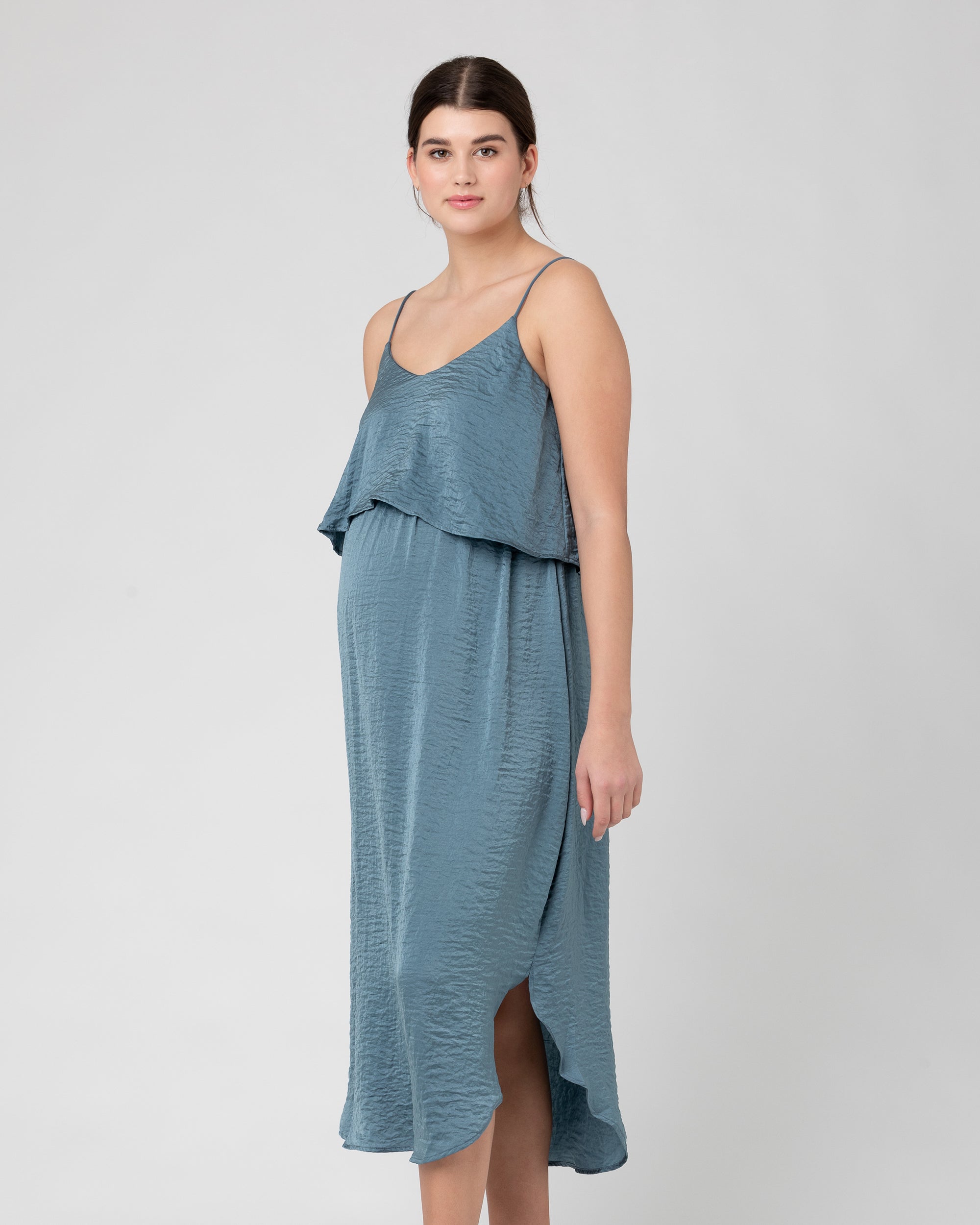 Crushed Satin Nursing Dress  Dusty Blue