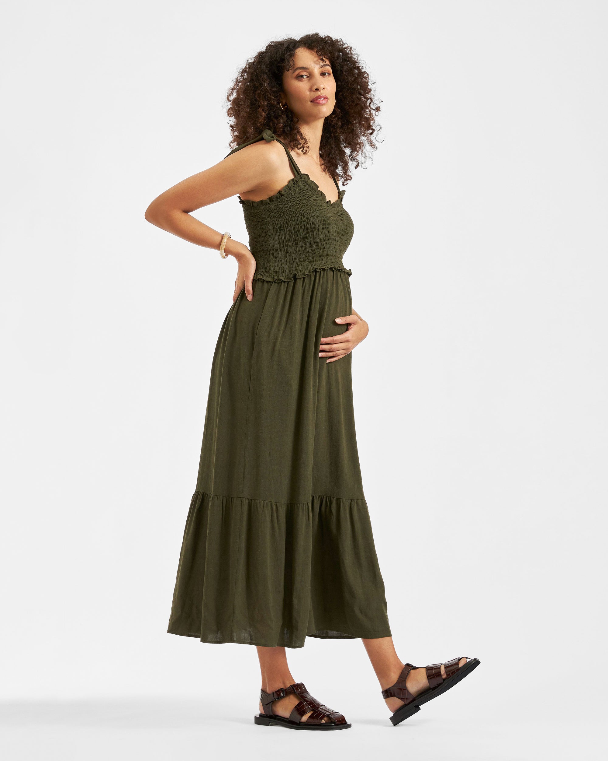 Brandi Shirred Dress  Khaki