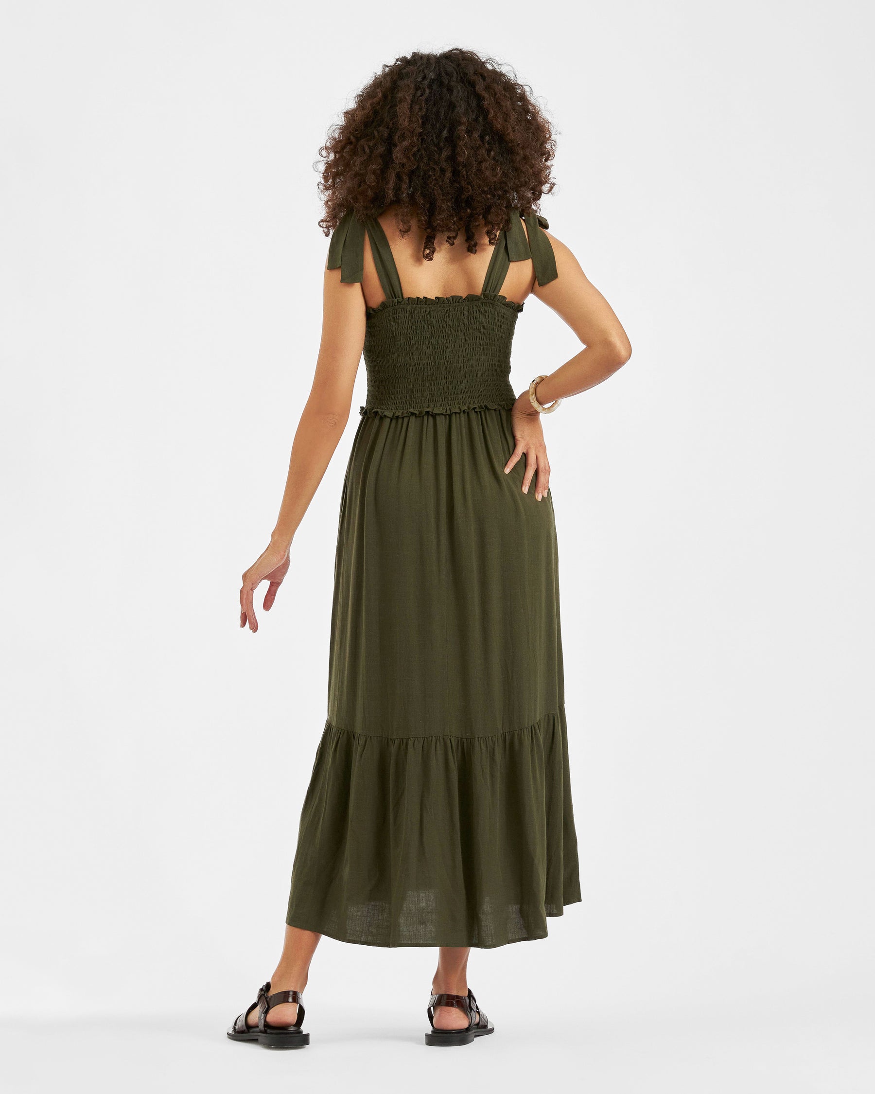 Brandi Shirred Dress  Khaki