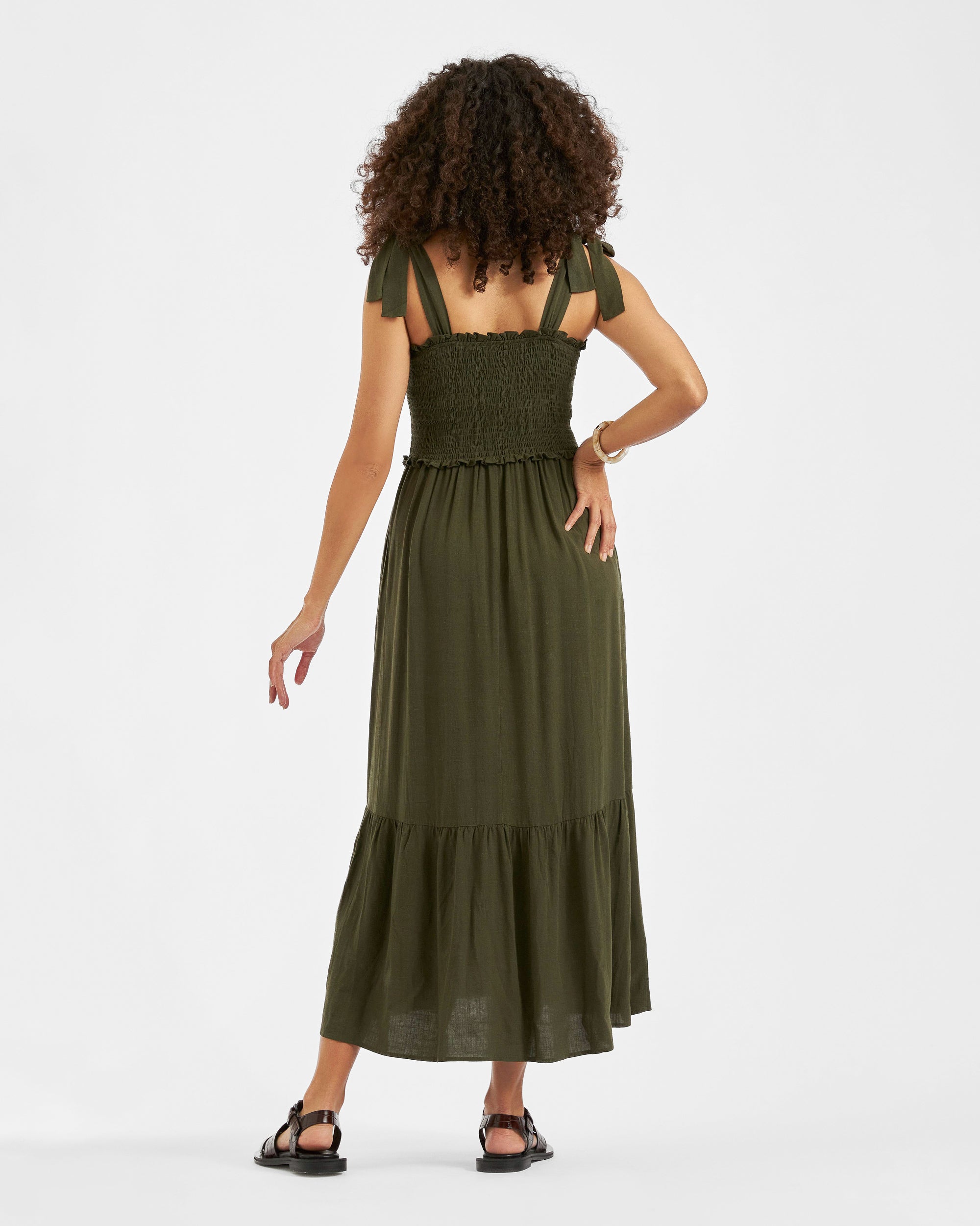 Brandi Shirred Dress  Khaki