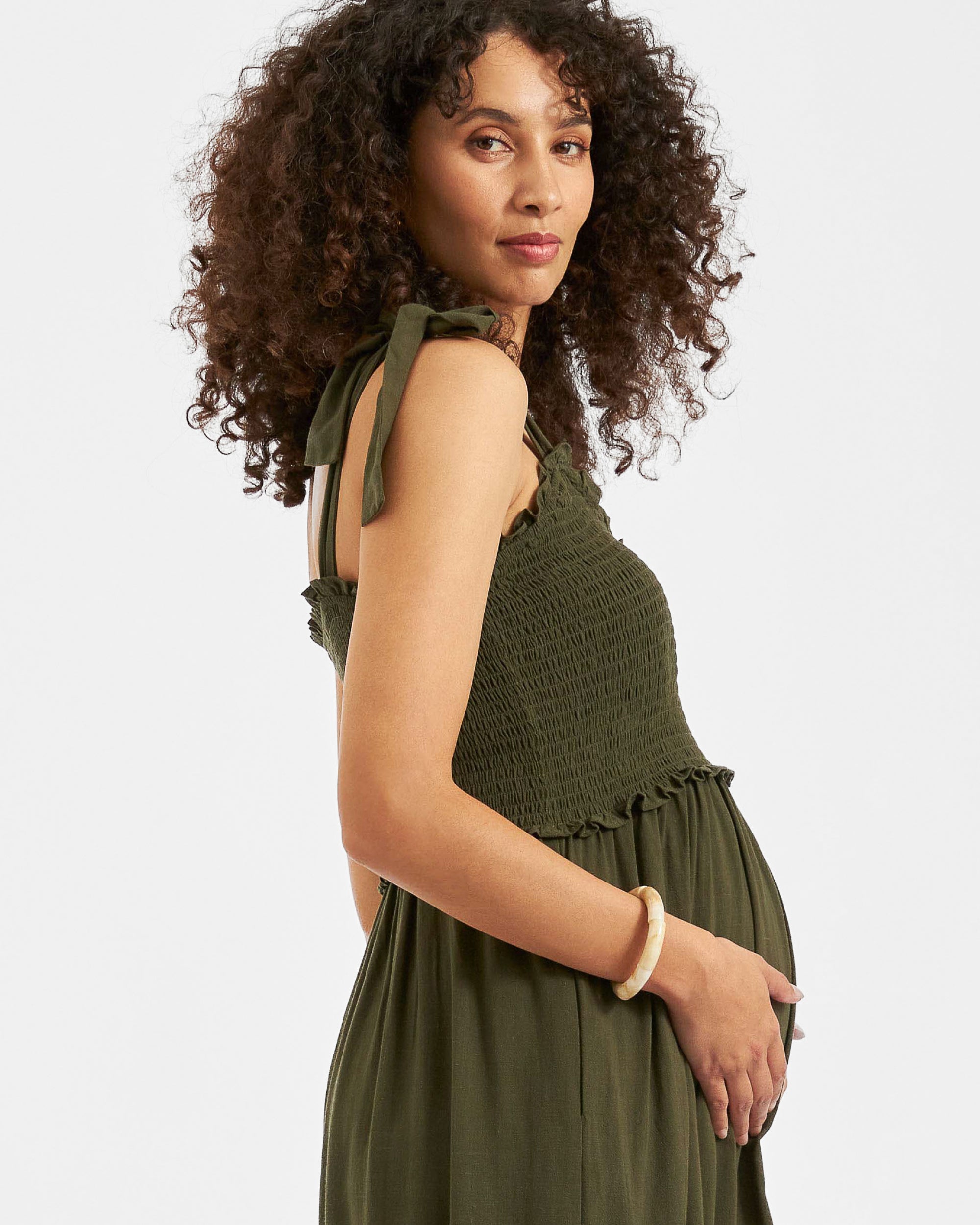 Brandi Shirred Dress  Khaki