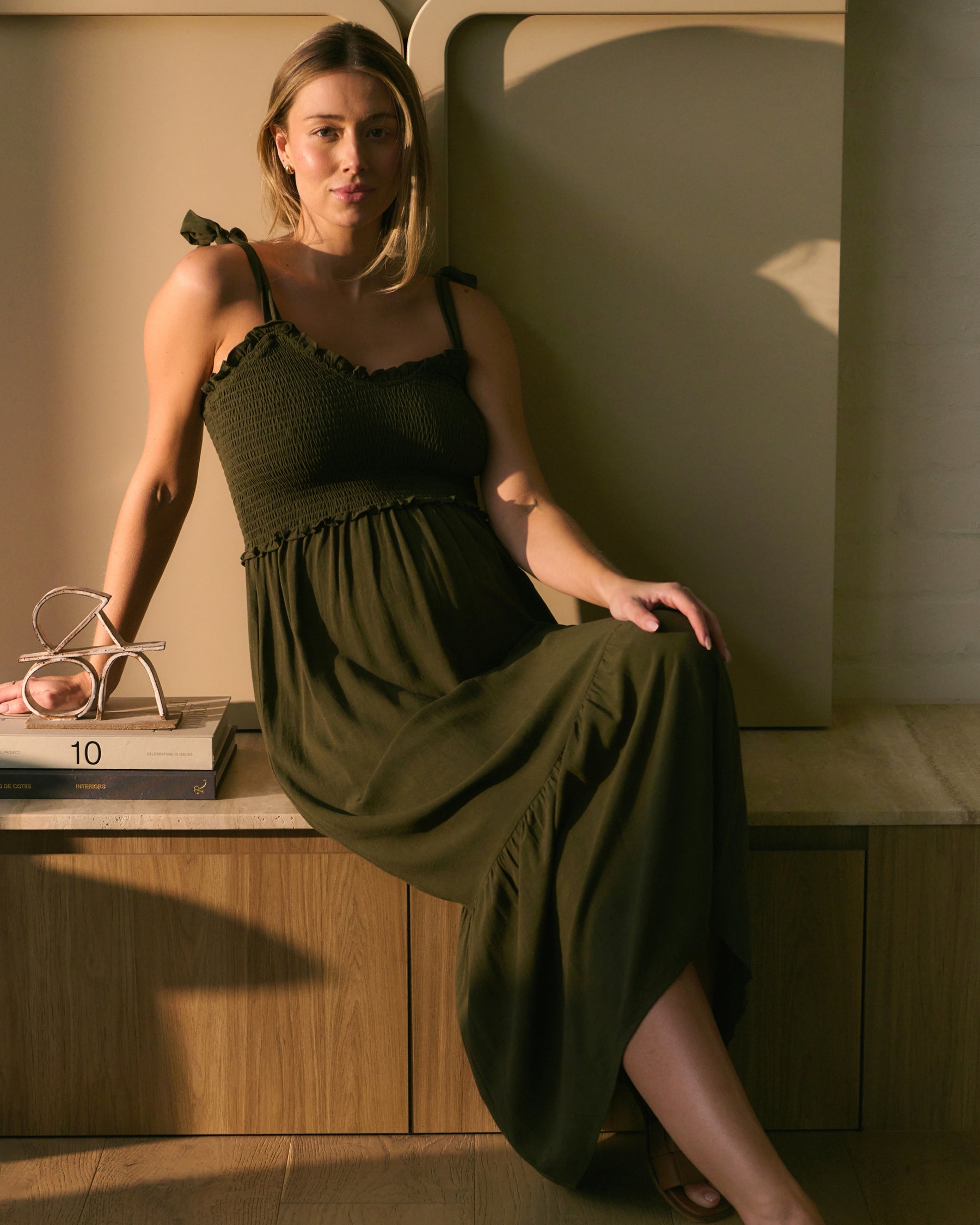 Brandi Shirred Dress  Khaki