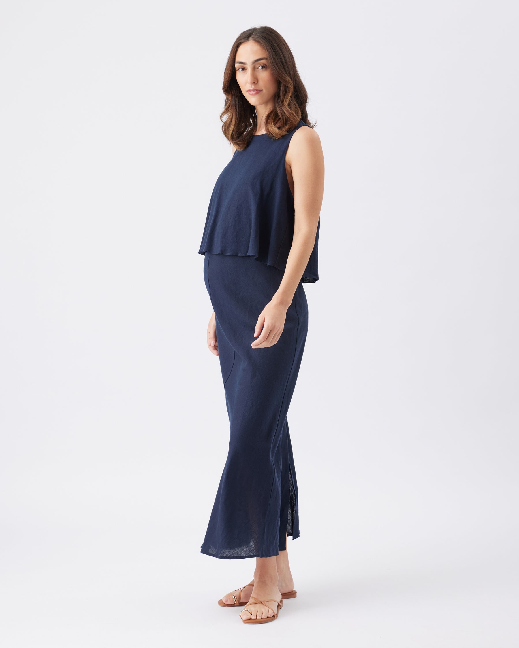 Lena Linen Nursing Dress  Navy