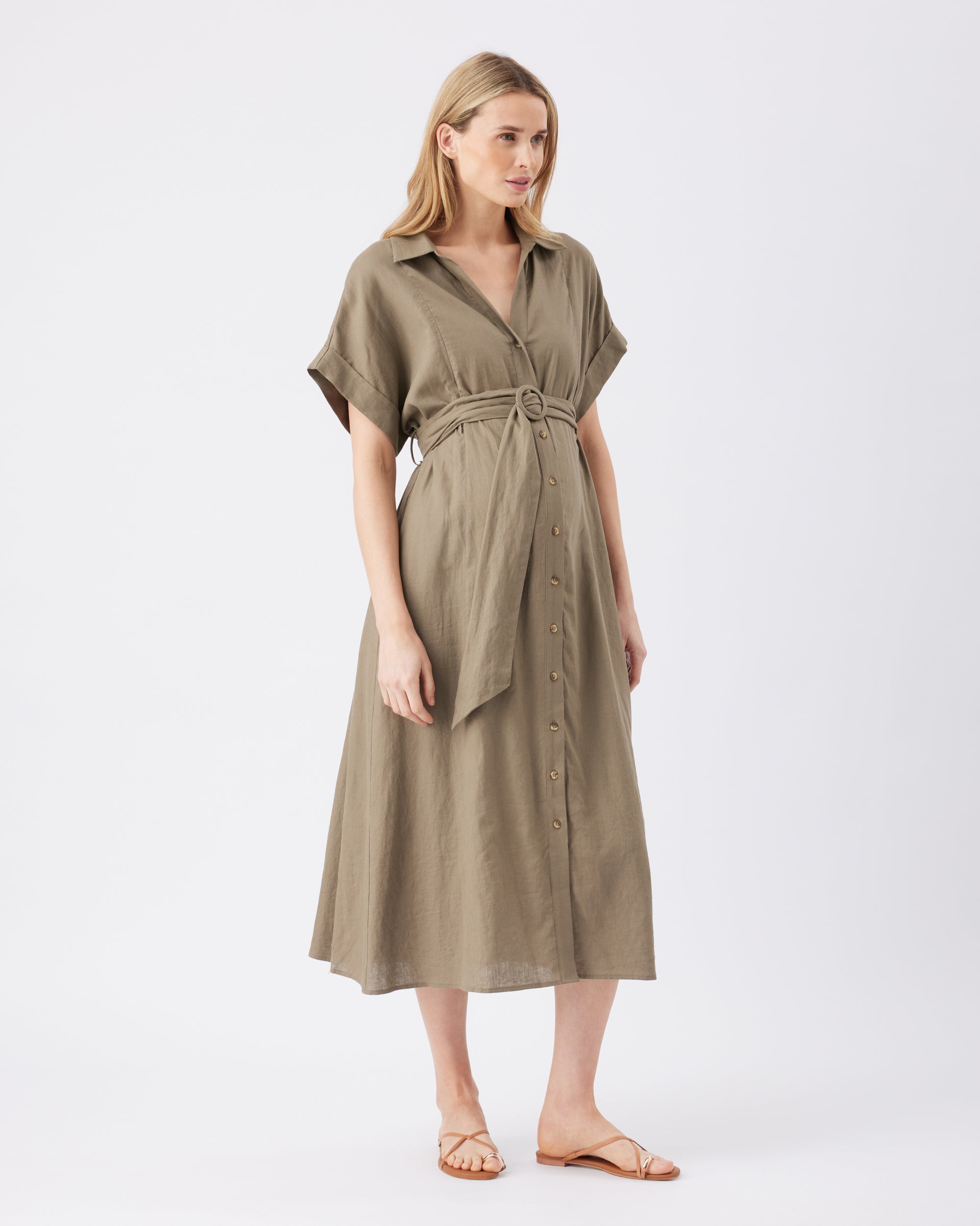 Amy Linen Nursing Shirt Dress  Olive