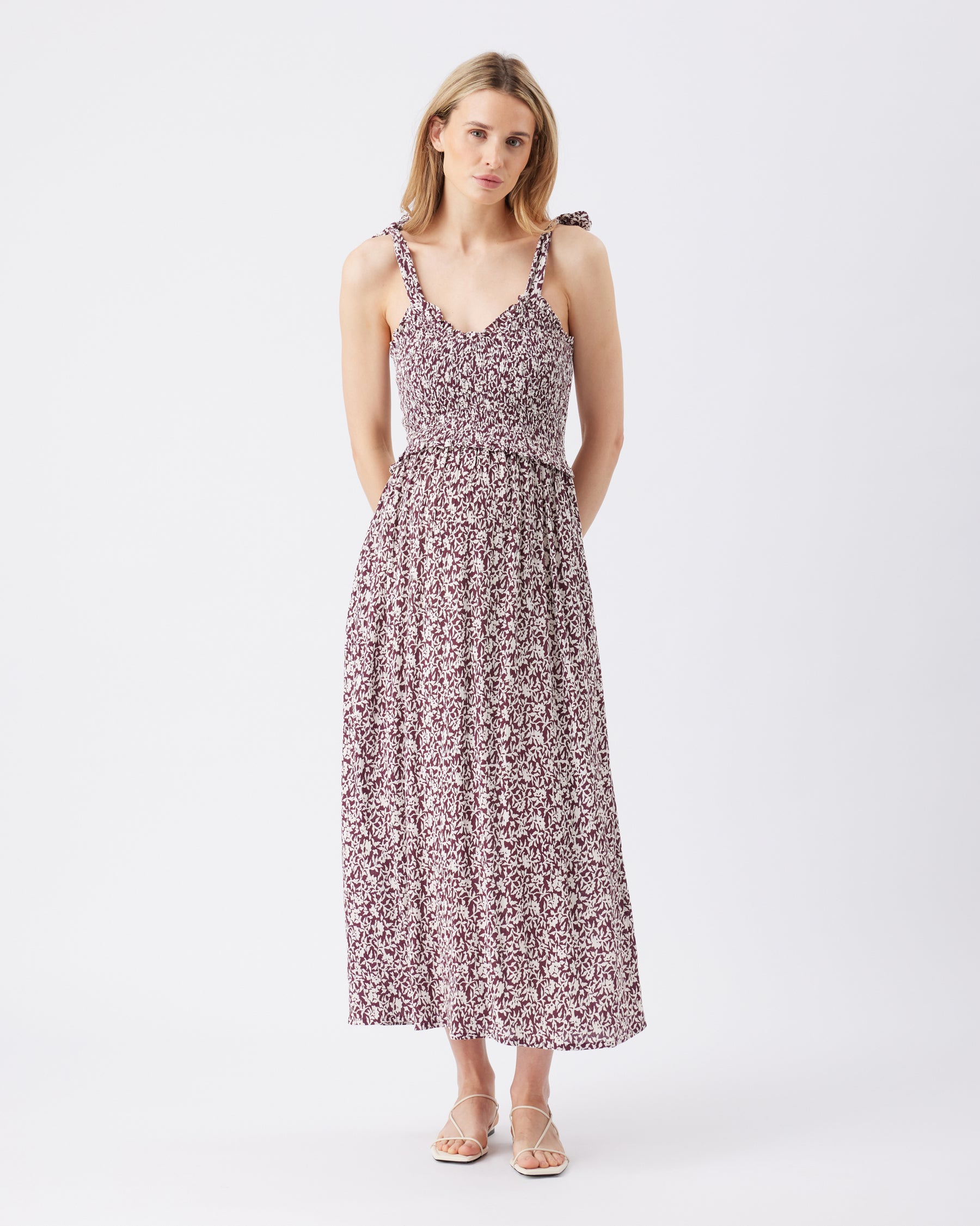 Dana Shirred Dress  Maroon / White