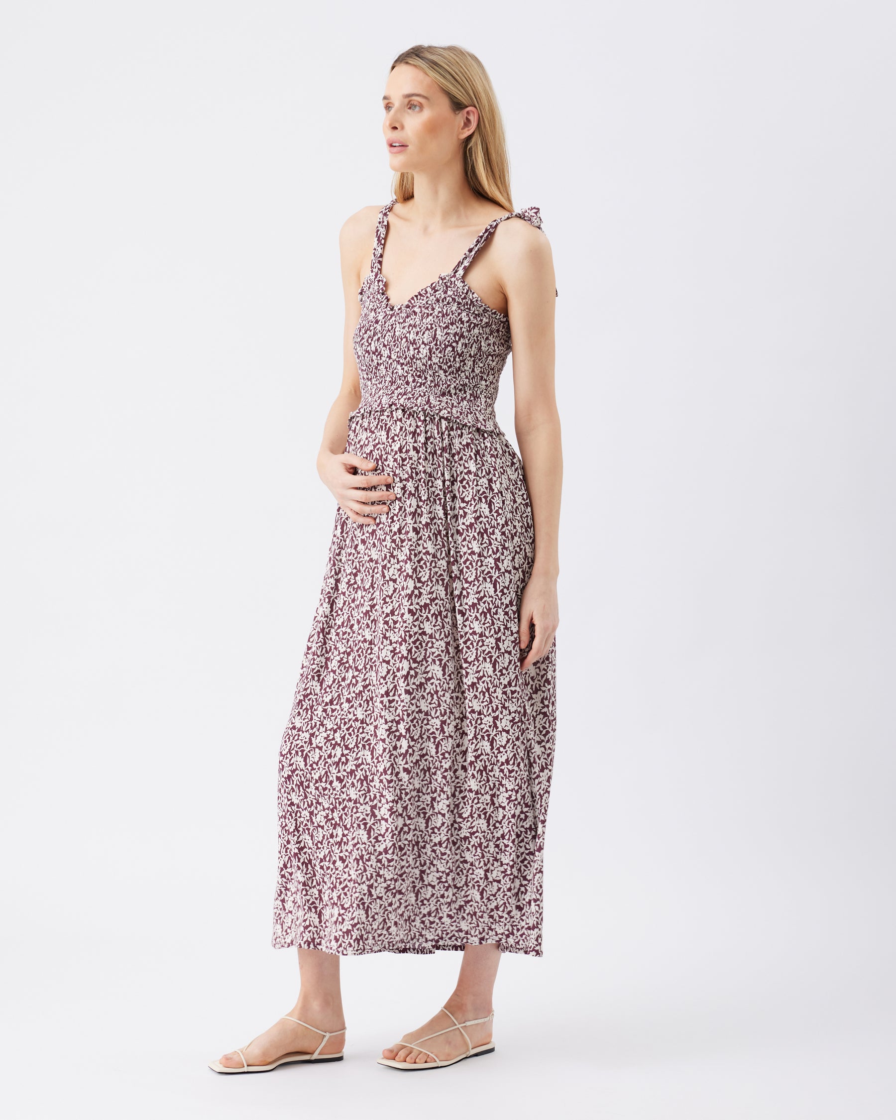 Dana Shirred Dress  Maroon / White