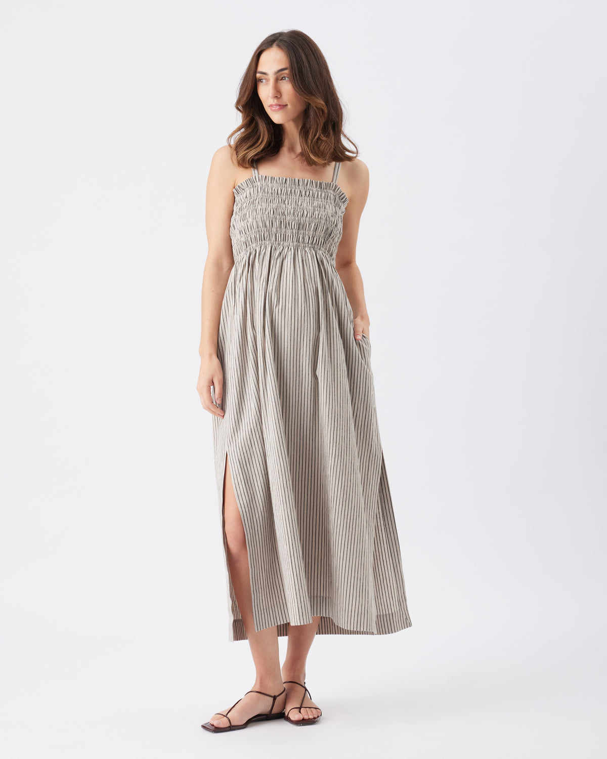 Leo Stripe Shirred Dress Natural / Black