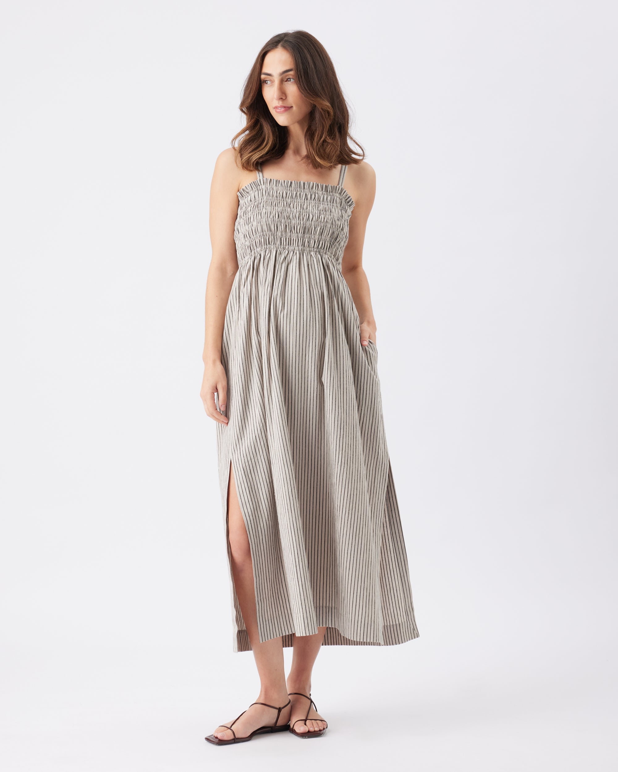 Leo Stripe Shirred Dress Natural / Black