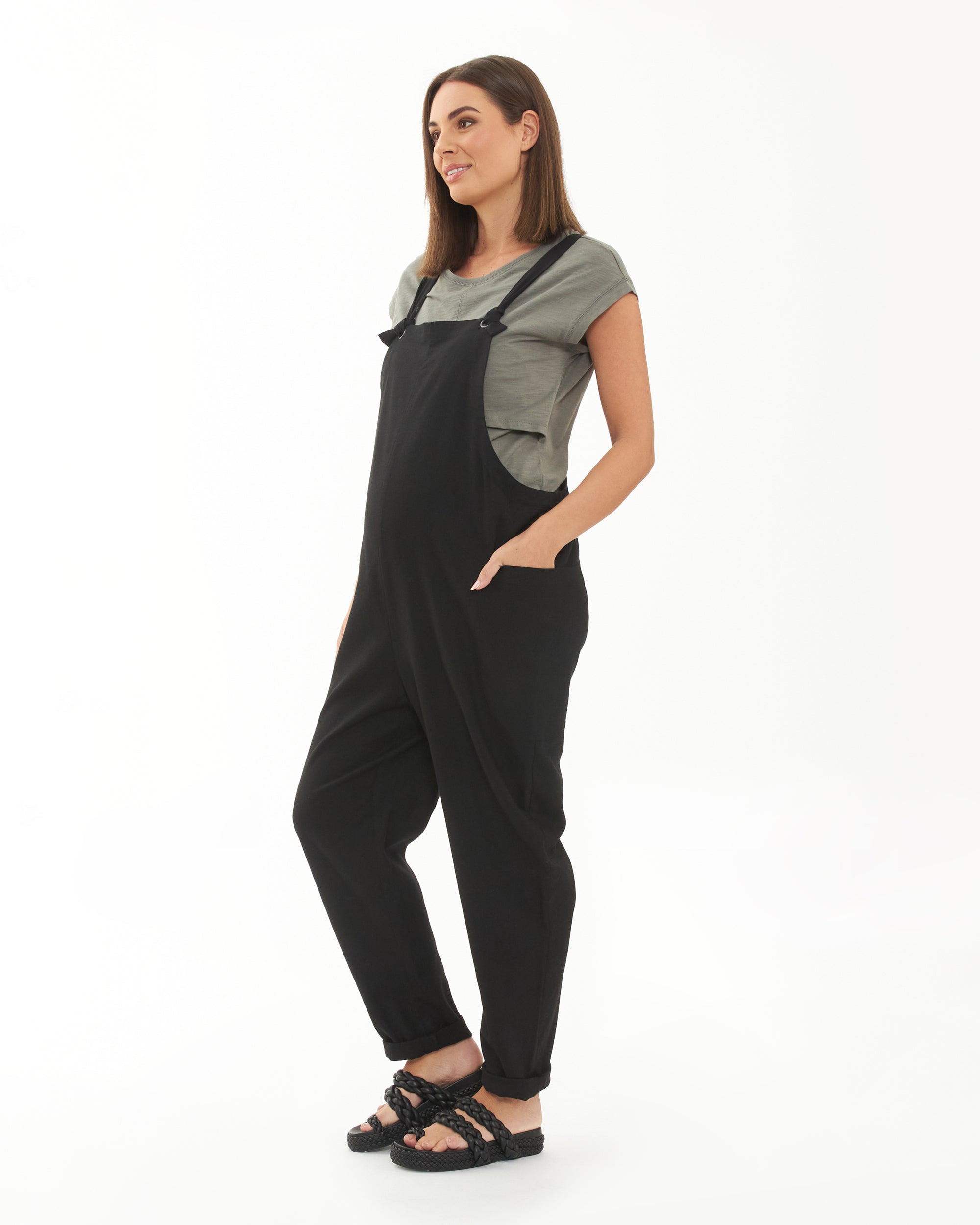 Black fashion linen overalls