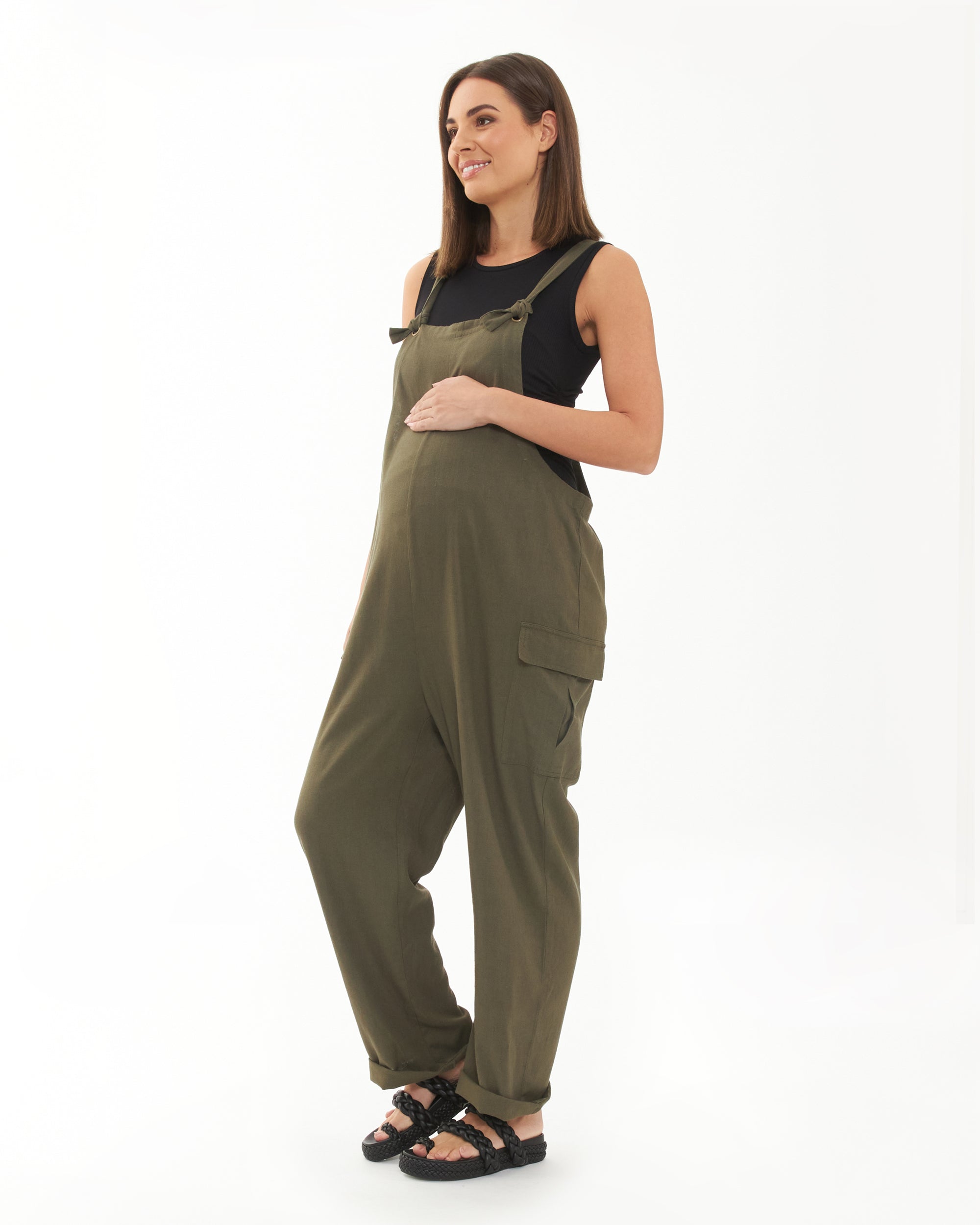 Cargo Pocket Linen Jumpsuit Olive